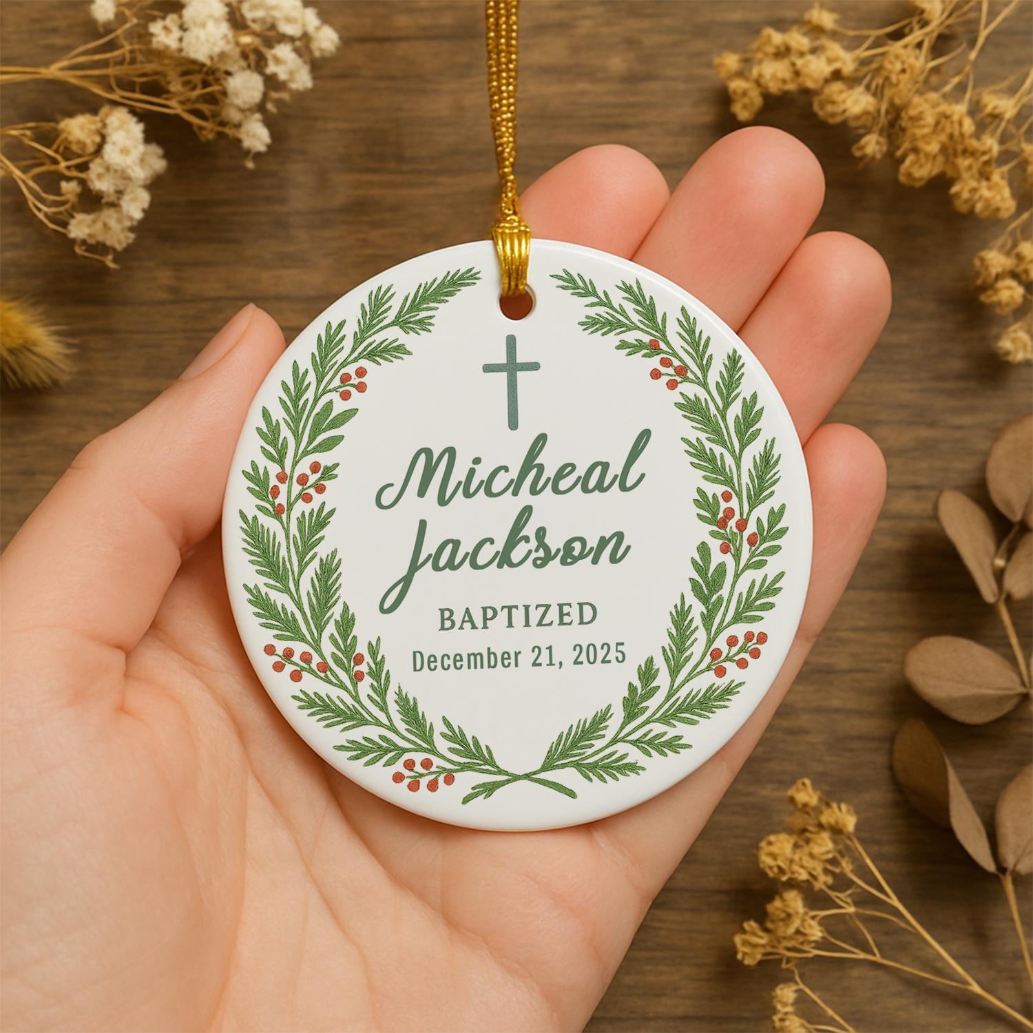 Baptism Ornament – Personalized Baby Name & Date Ceramic Keepsake with Cross