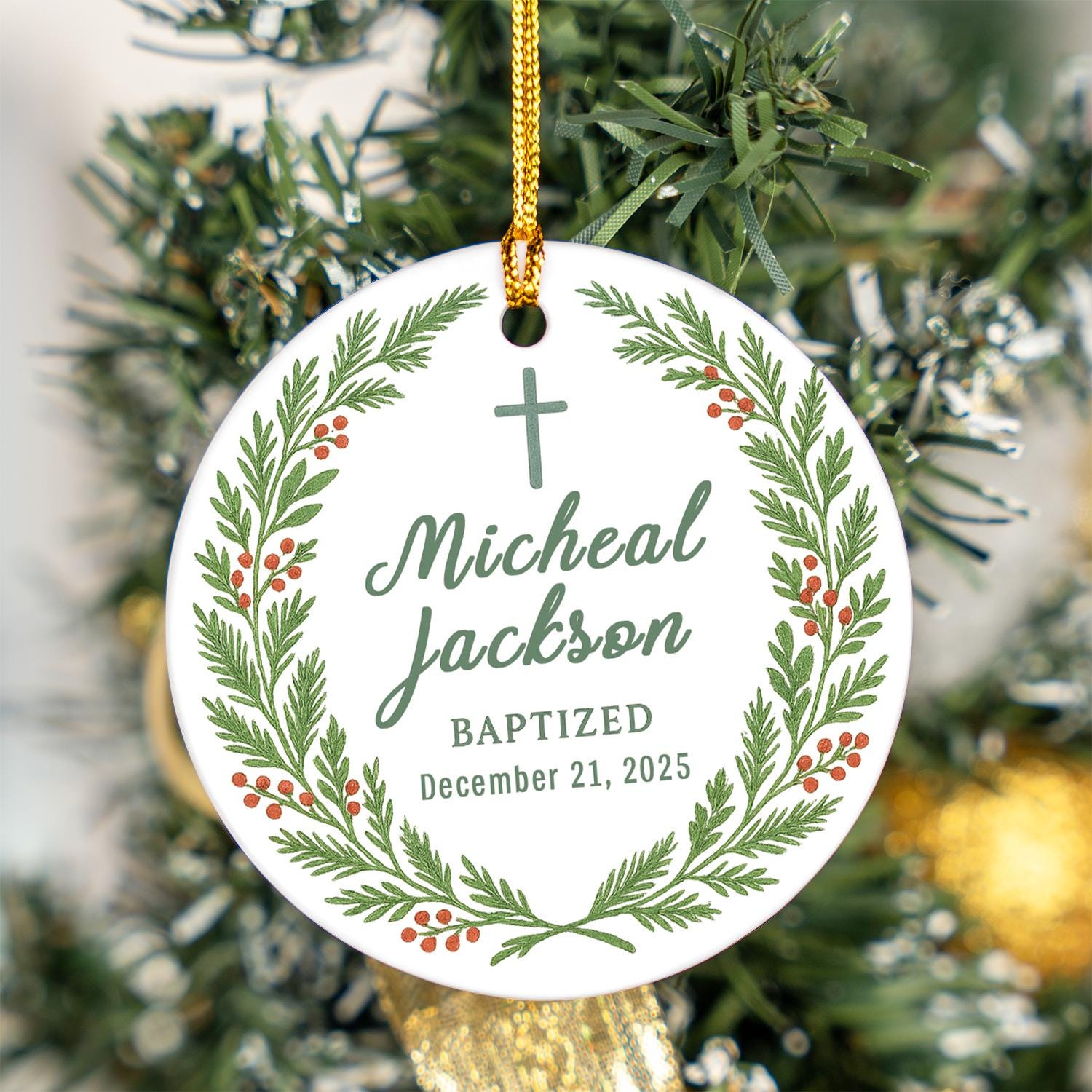 Baptism Ornament – Personalized Baby Name & Date Ceramic Keepsake with Cross