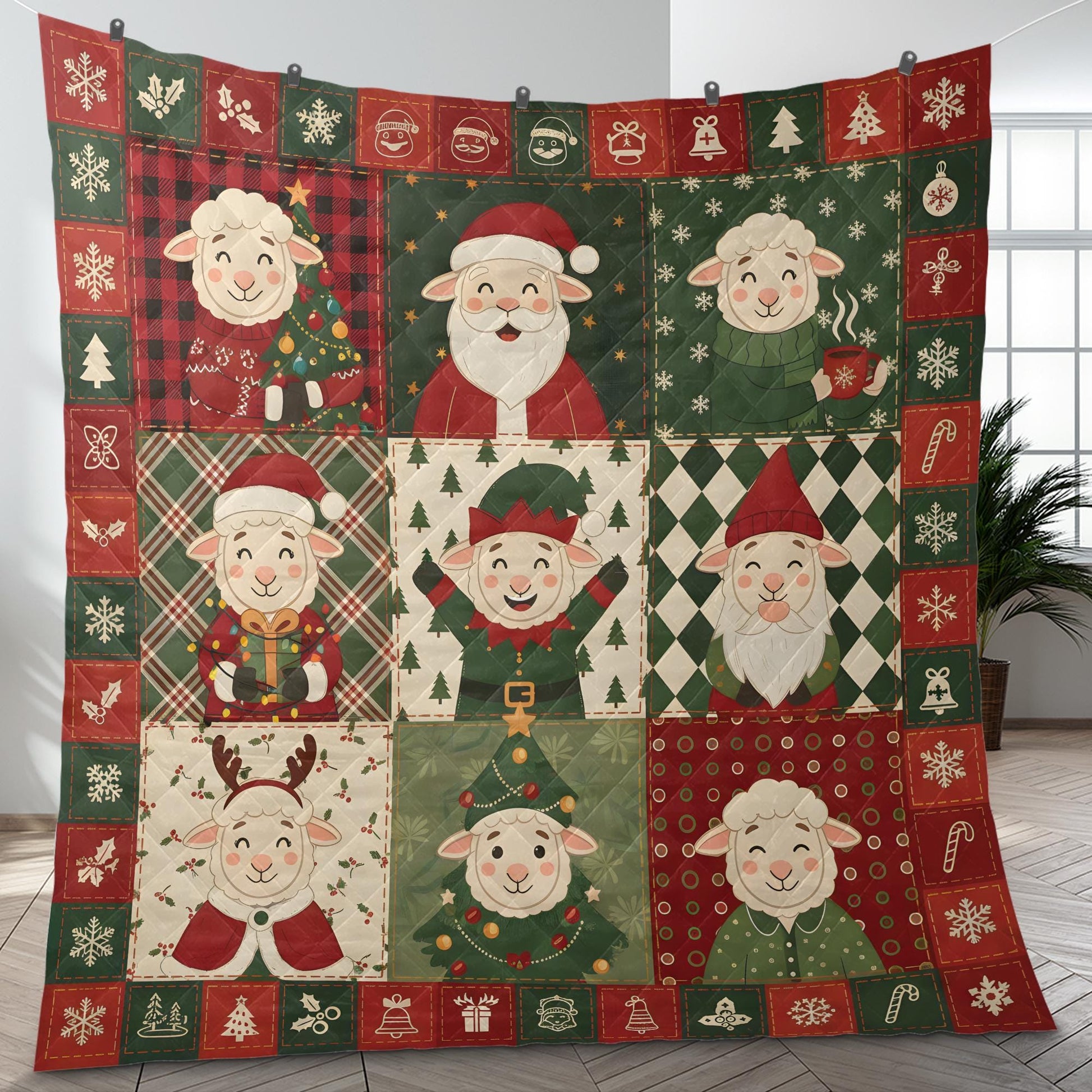 Christmas Sheep Quilt Blanket, Farm Animal Patchwork Throw, Holiday Lamb Pattern