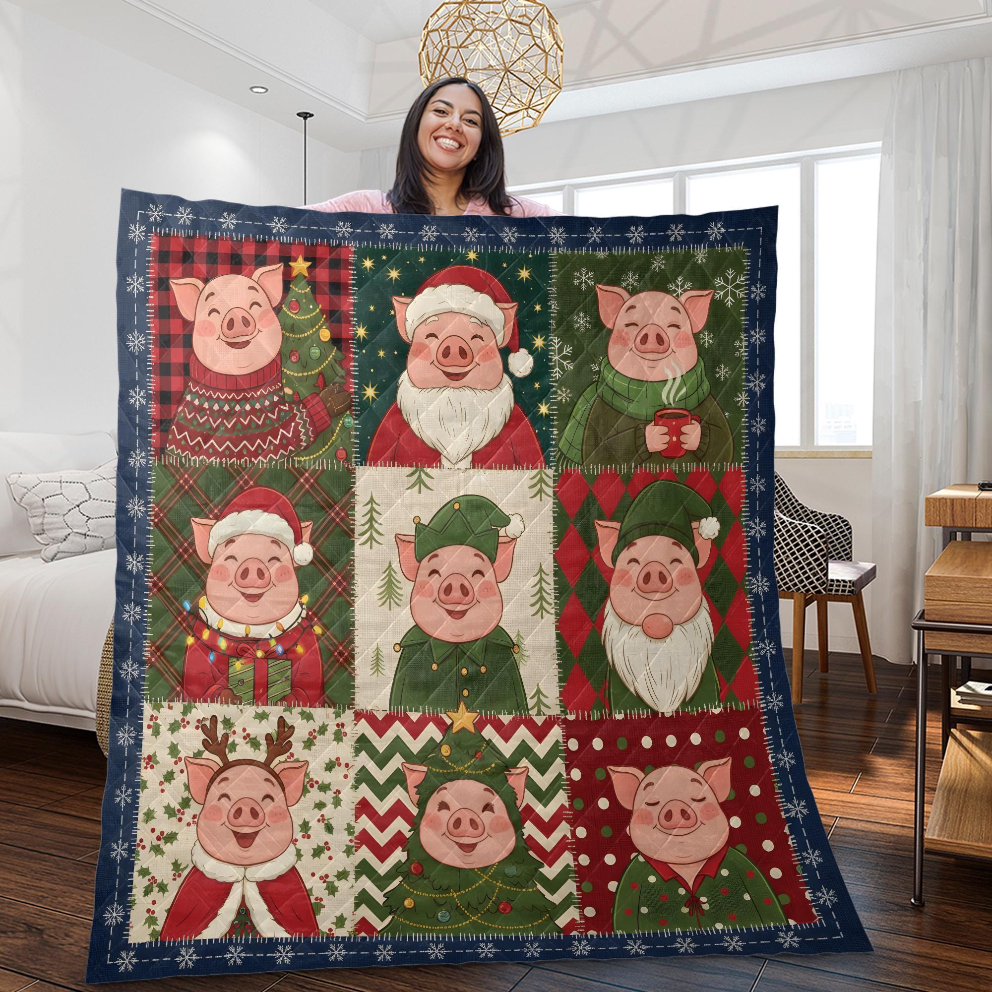 Christmas Pig Quilt Blanket, Farm Animal Patchwork Throw, Winter Bedding Decor