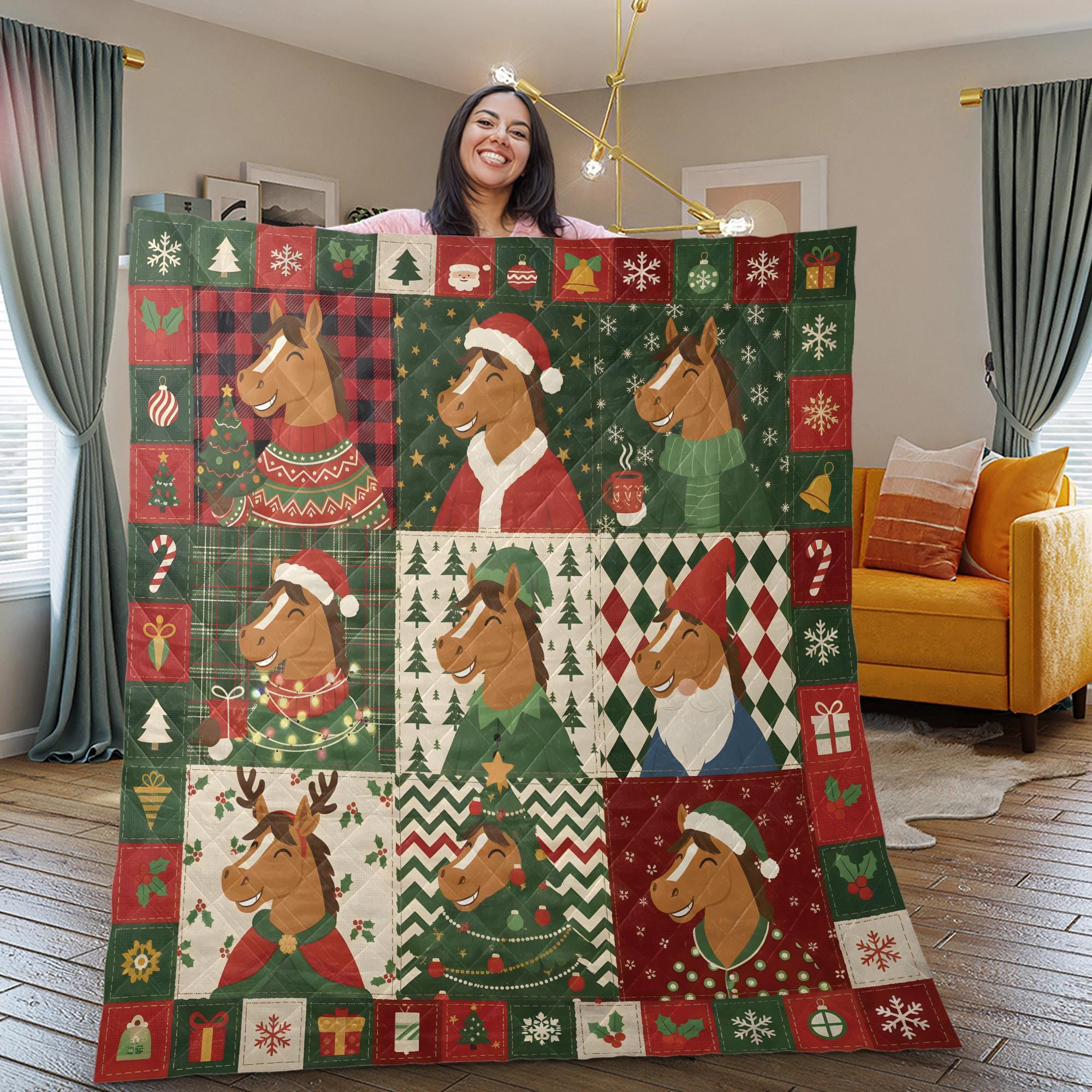 Christmas Horse Quilt Blanket, Farm Animal Patchwork Throw, Winter Bedding Decor