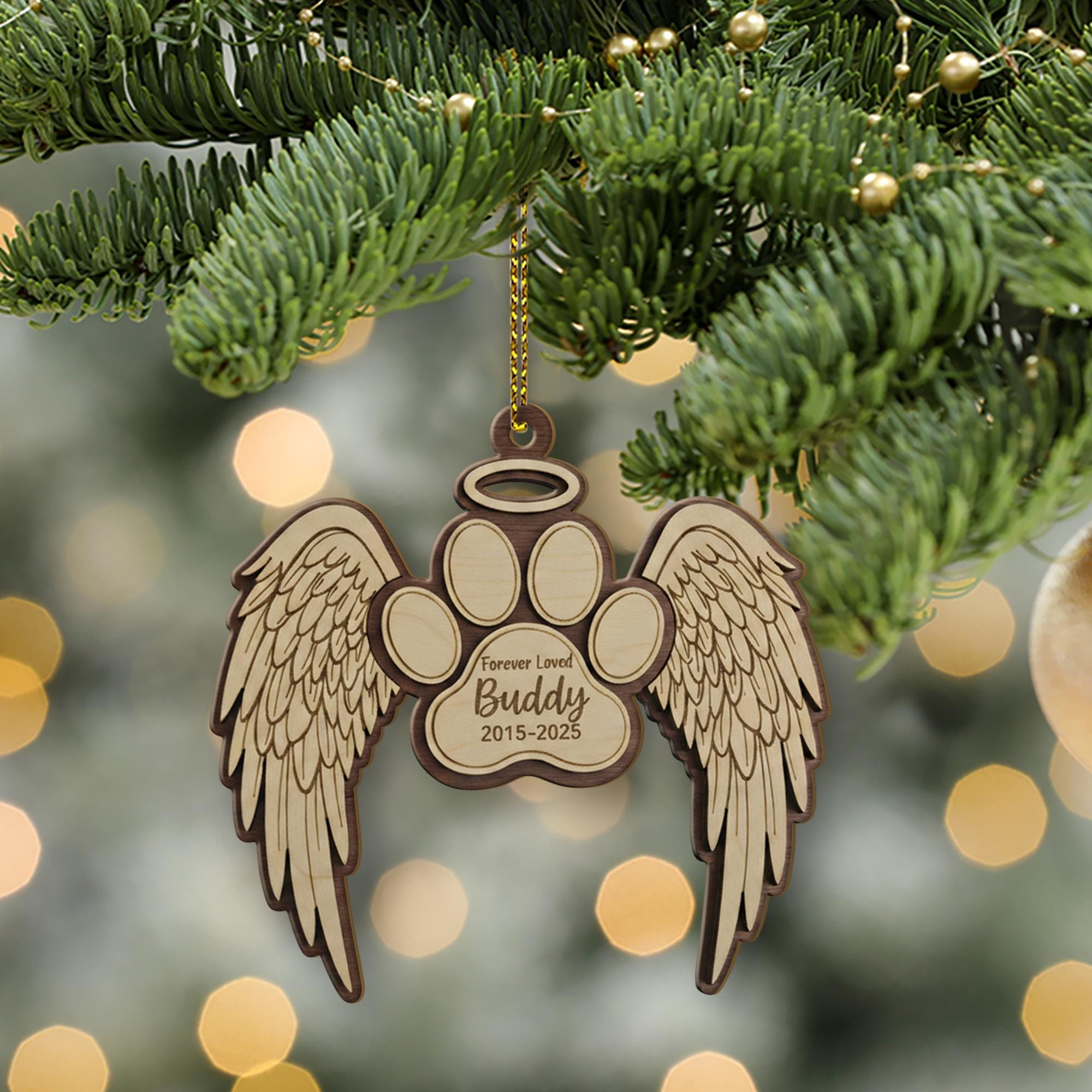 Personalized Pet Wooden Ornament – Paw Angel Wings – Name & Years