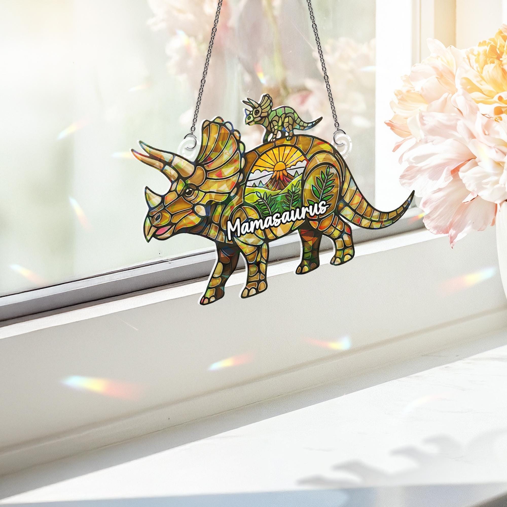 Dinosaur Mom and Baby Holographic Window Hanging, Dinosaur Acrylic Suncatcher