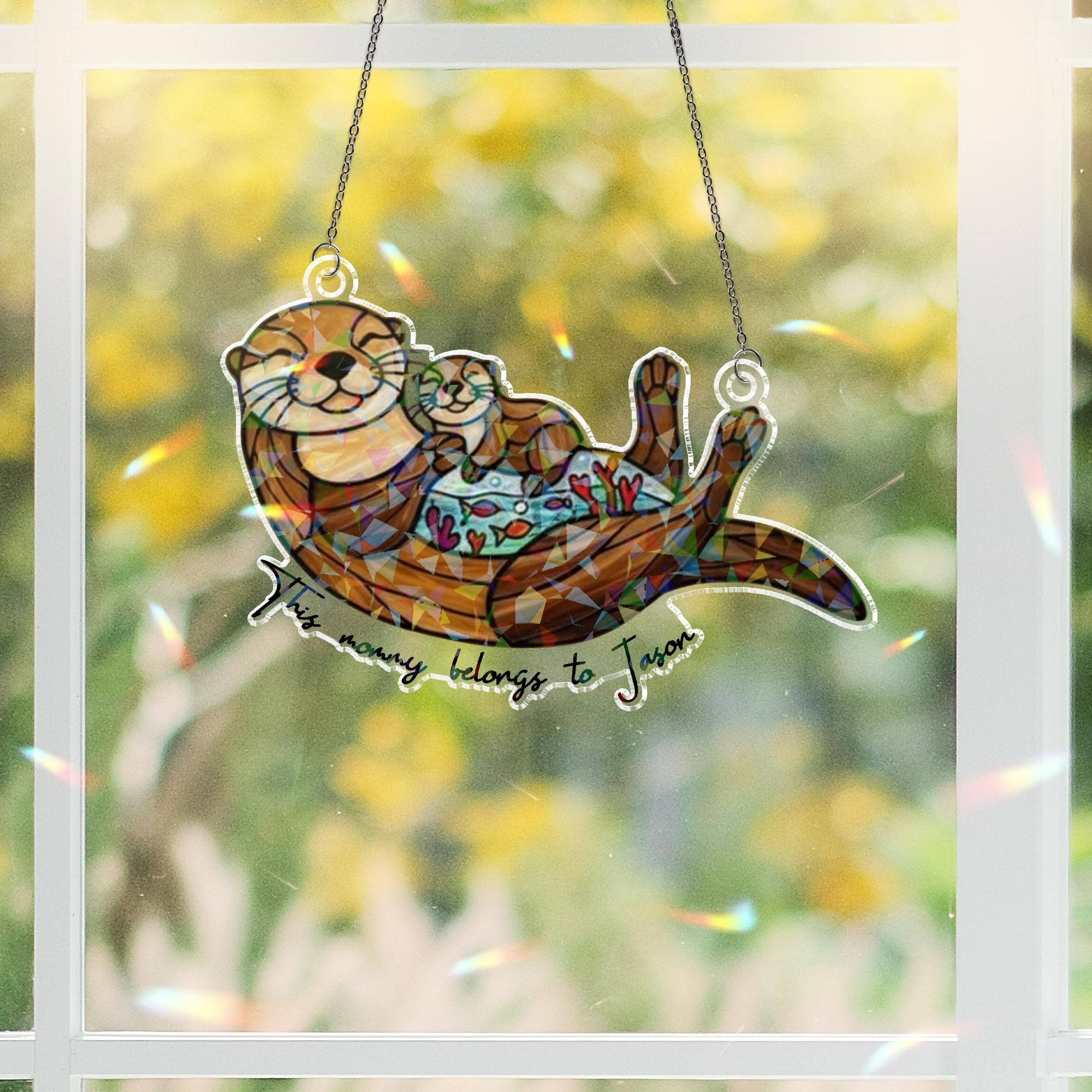 Otter Mom and Baby Holographic Window Hanging, Otter Acrylic Suncatcher