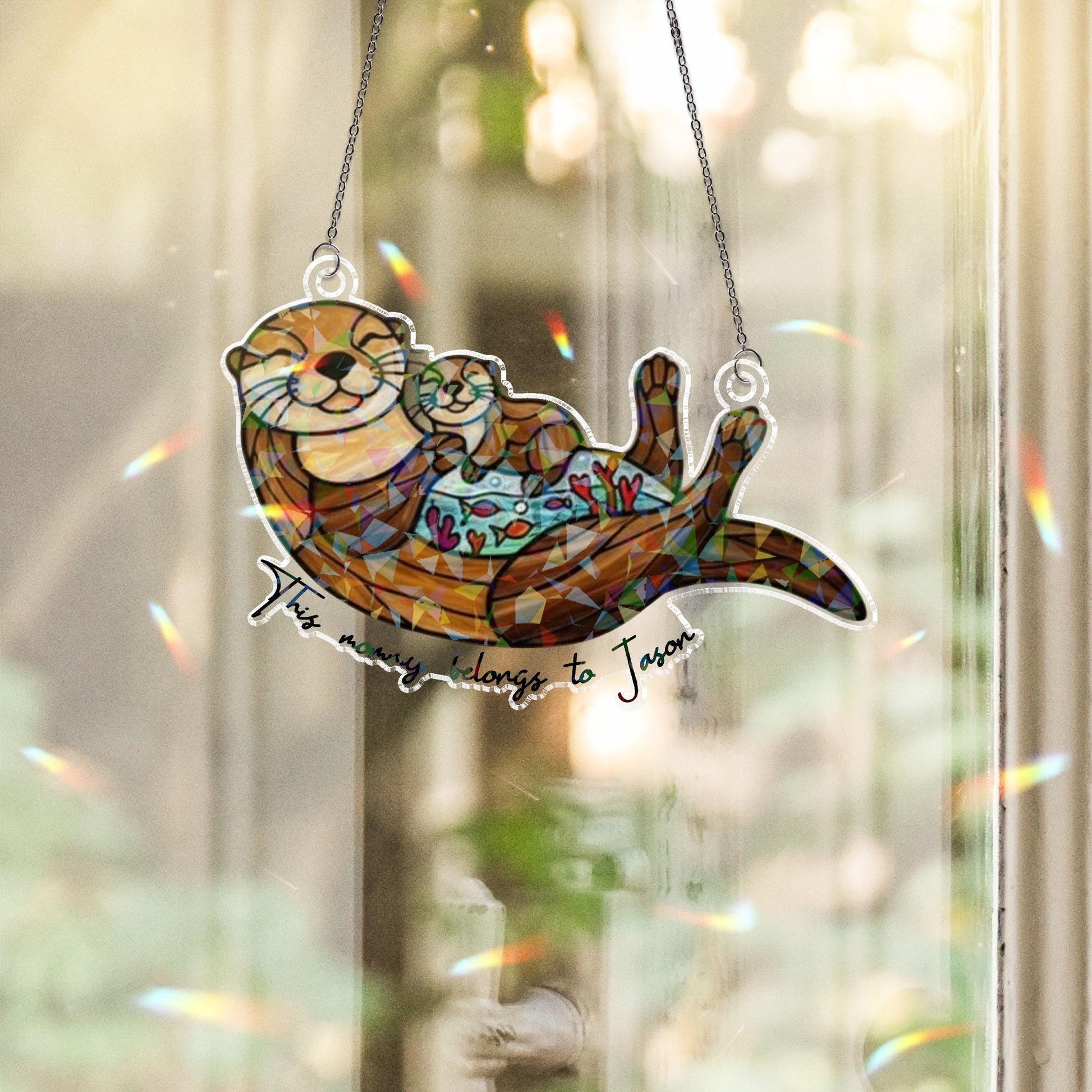 Otter Mom and Baby Holographic Window Hanging, Otter Acrylic Suncatcher