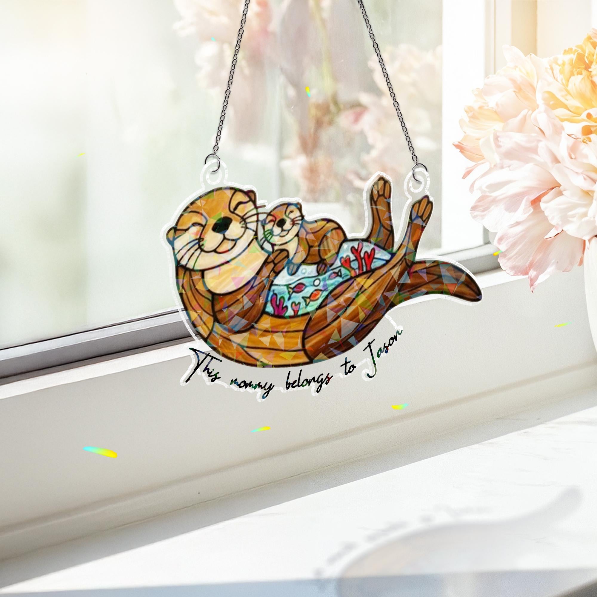 Otter Mom and Baby Holographic Window Hanging, Otter Acrylic Suncatcher