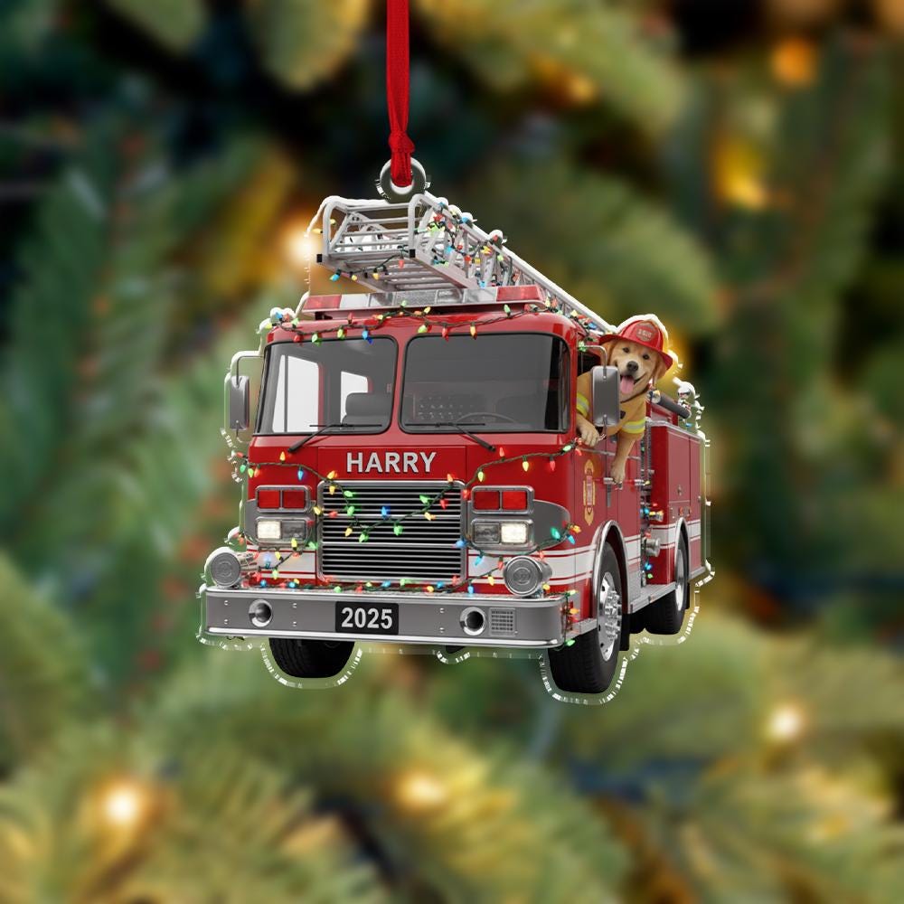 Custom Dog Firefighter Truck Ornament, Personalized Fire Truck Christmas Decoration