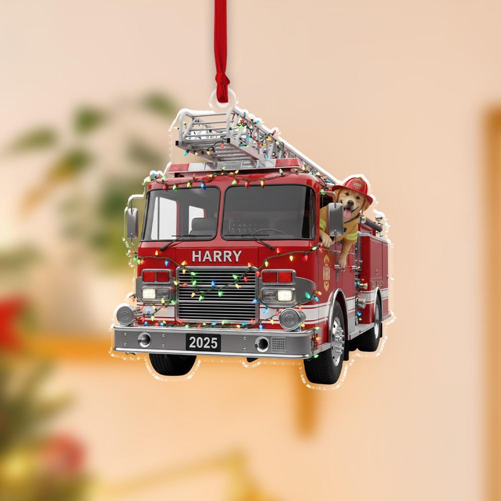 Custom Dog Firefighter Truck Ornament, Personalized Fire Truck Christmas Decoration