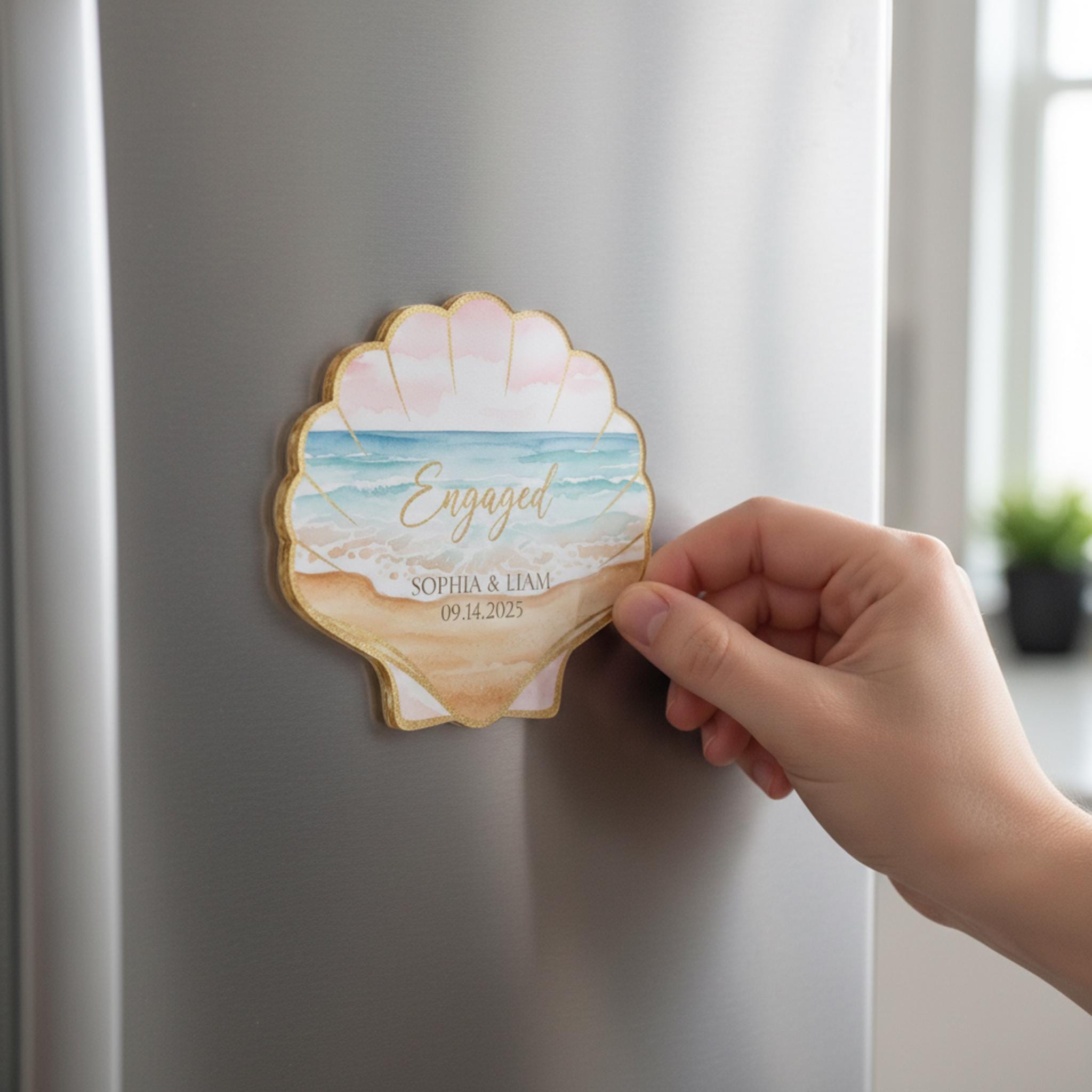 Personalized Seashell Engagement Magnet • Custom Beach Wedding Keepsake