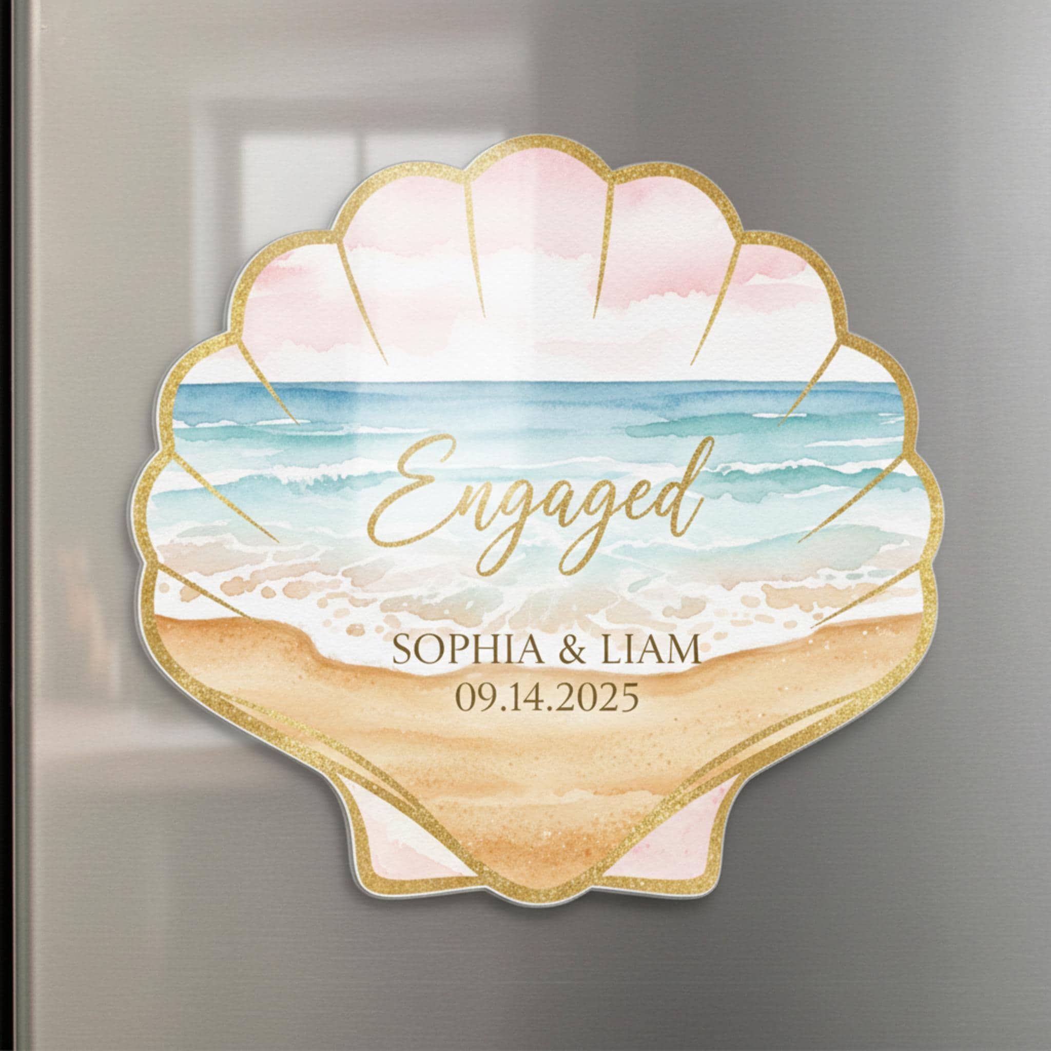 Personalized Seashell Engagement Magnet • Custom Beach Wedding Keepsake