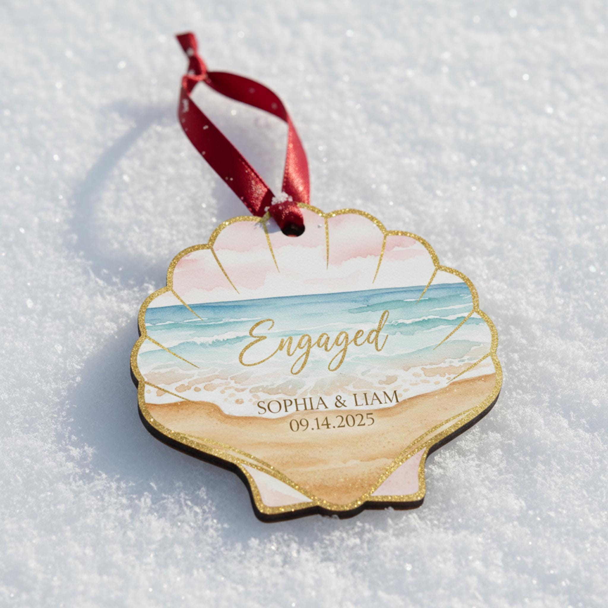 Personalized Shell Engagement Ornament • Custom Seashell Wedding Keepsake