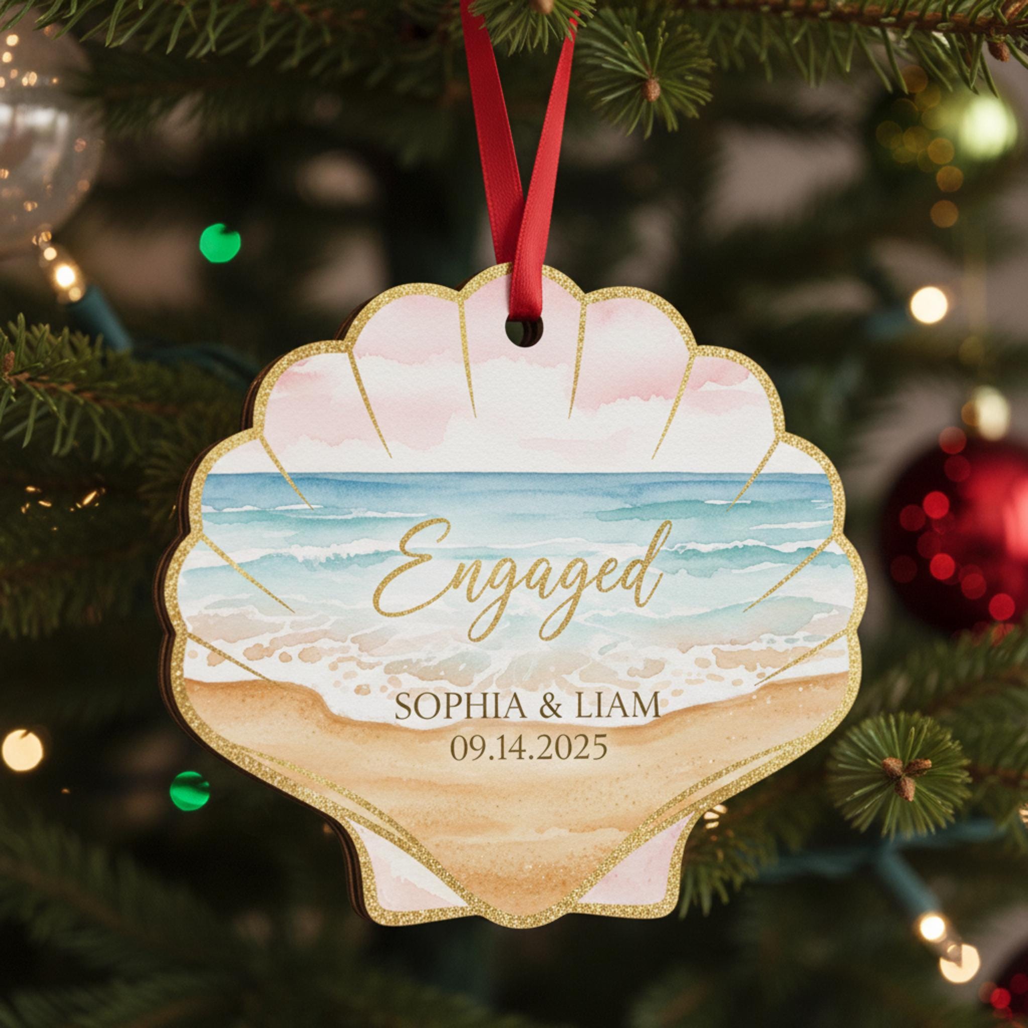 Personalized Shell Engagement Ornament • Custom Seashell Wedding Keepsake