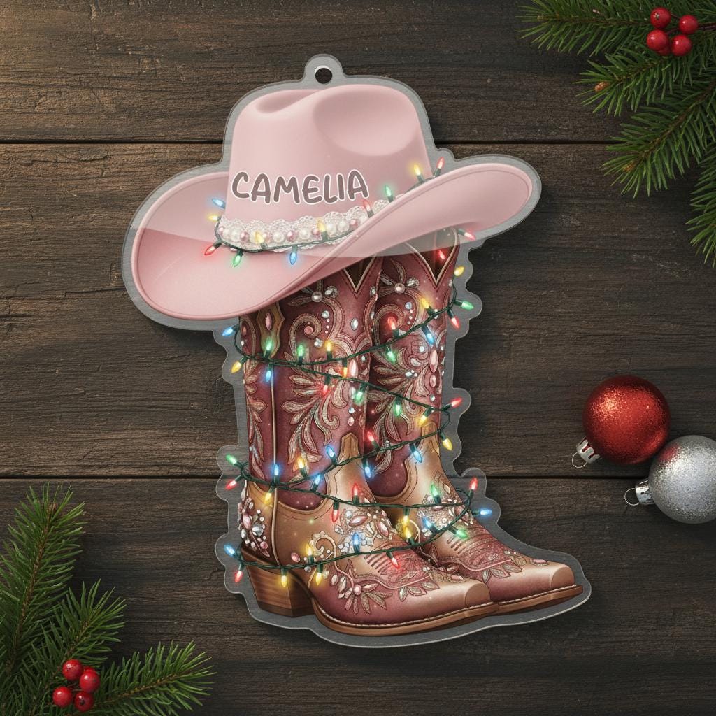 Personalized Cowgirl Boots & Hat Christmas Ornament - Custom Western Name Gift