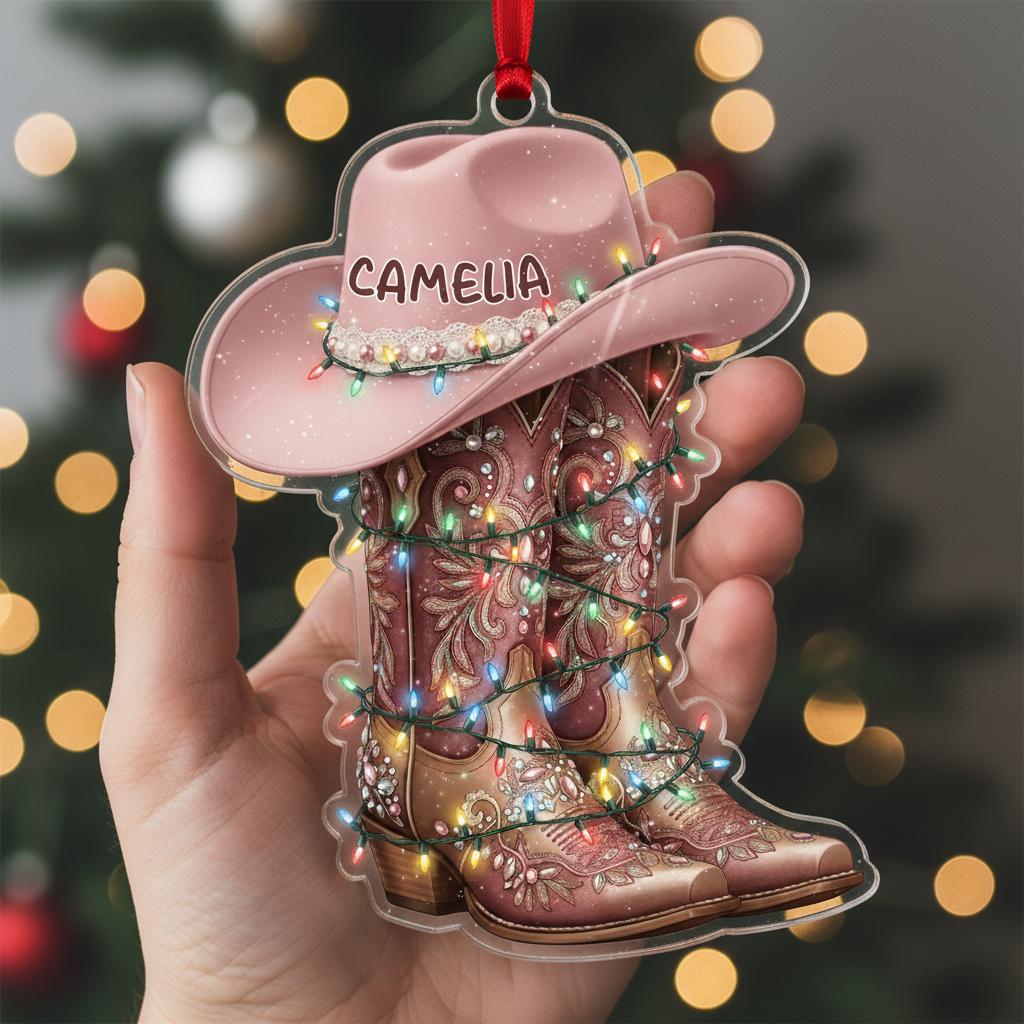 Personalized Cowgirl Boots & Hat Christmas Ornament - Custom Western Name Gift