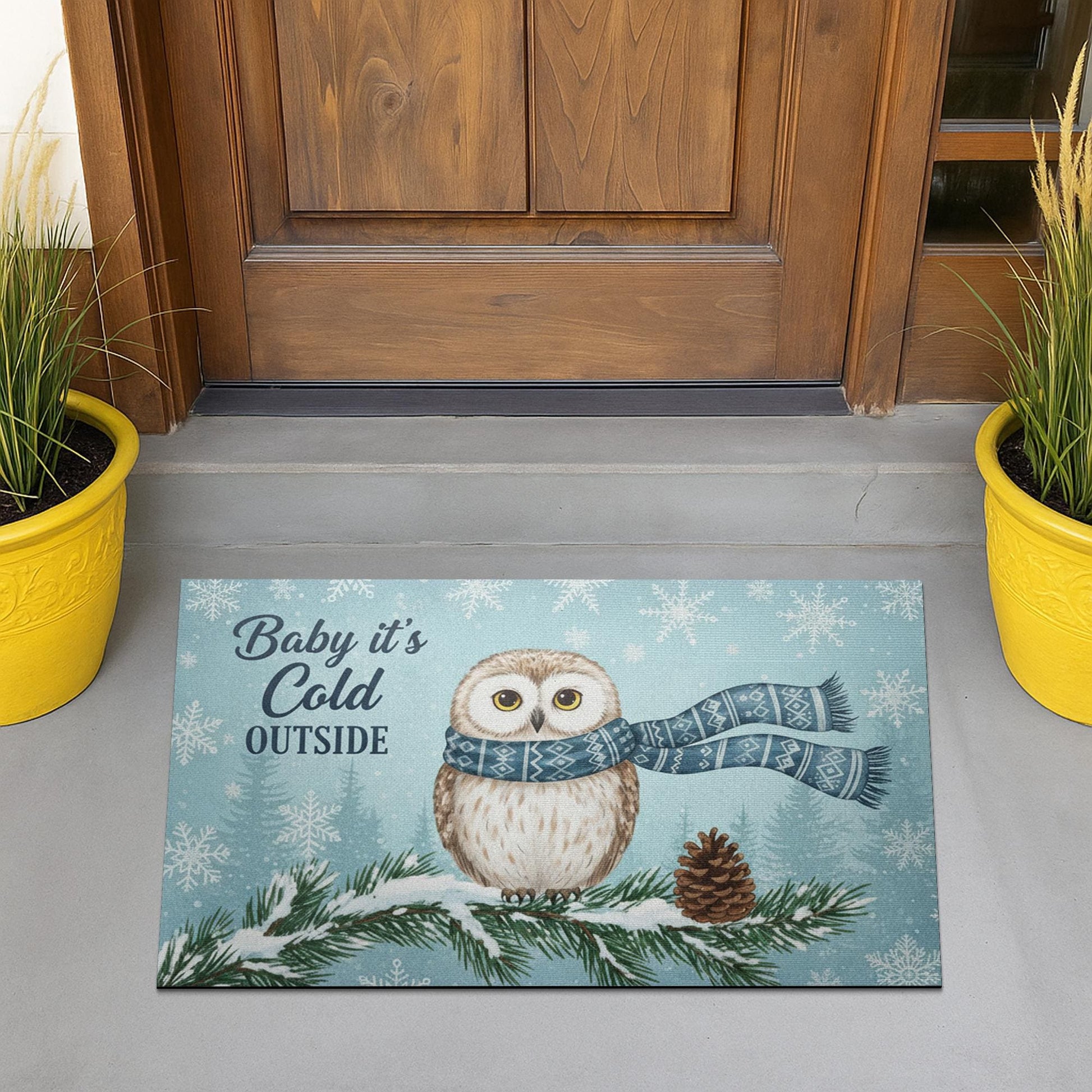 Custom Outdoor Snowy Owl Doormat – “Baby It’s Cold Outside” Winter Welcome Mat