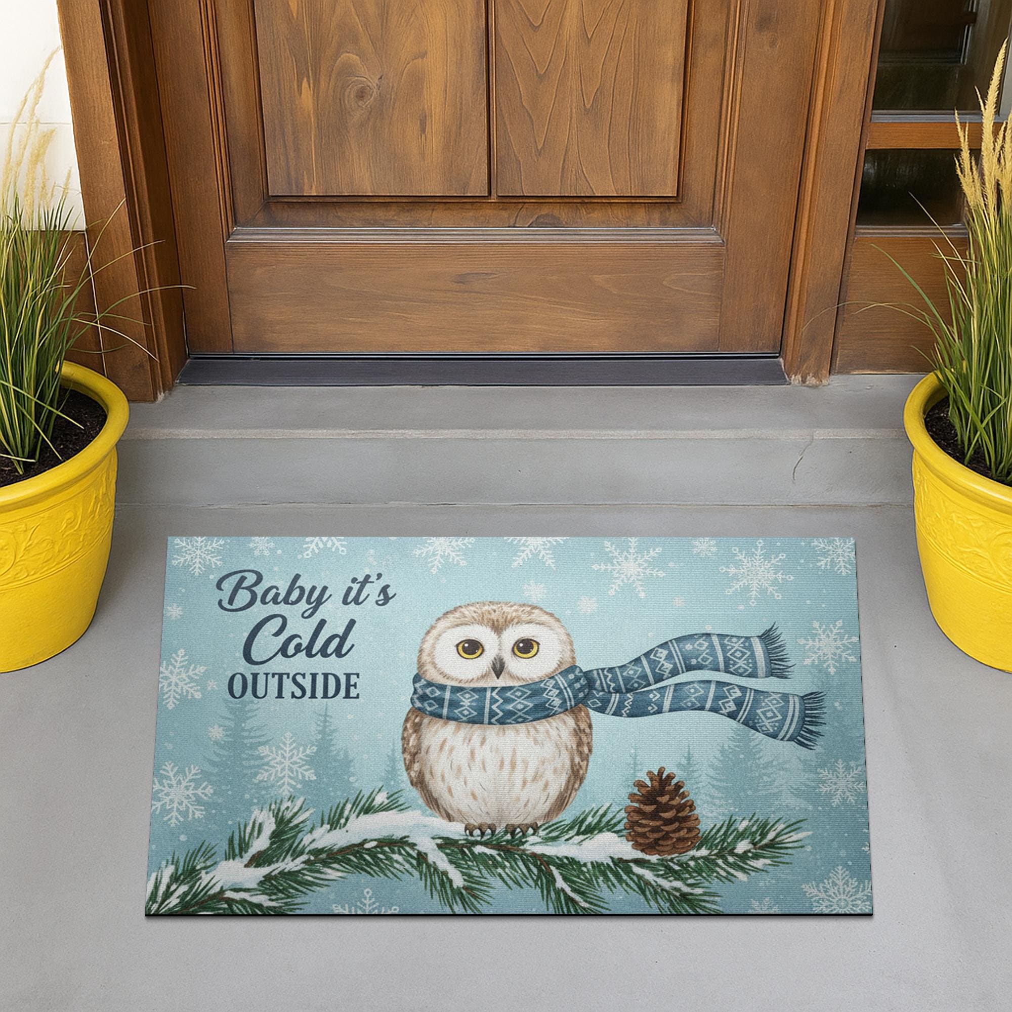 Custom Outdoor Snowy Owl Doormat – “Baby It’s Cold Outside” Winter Welcome Mat