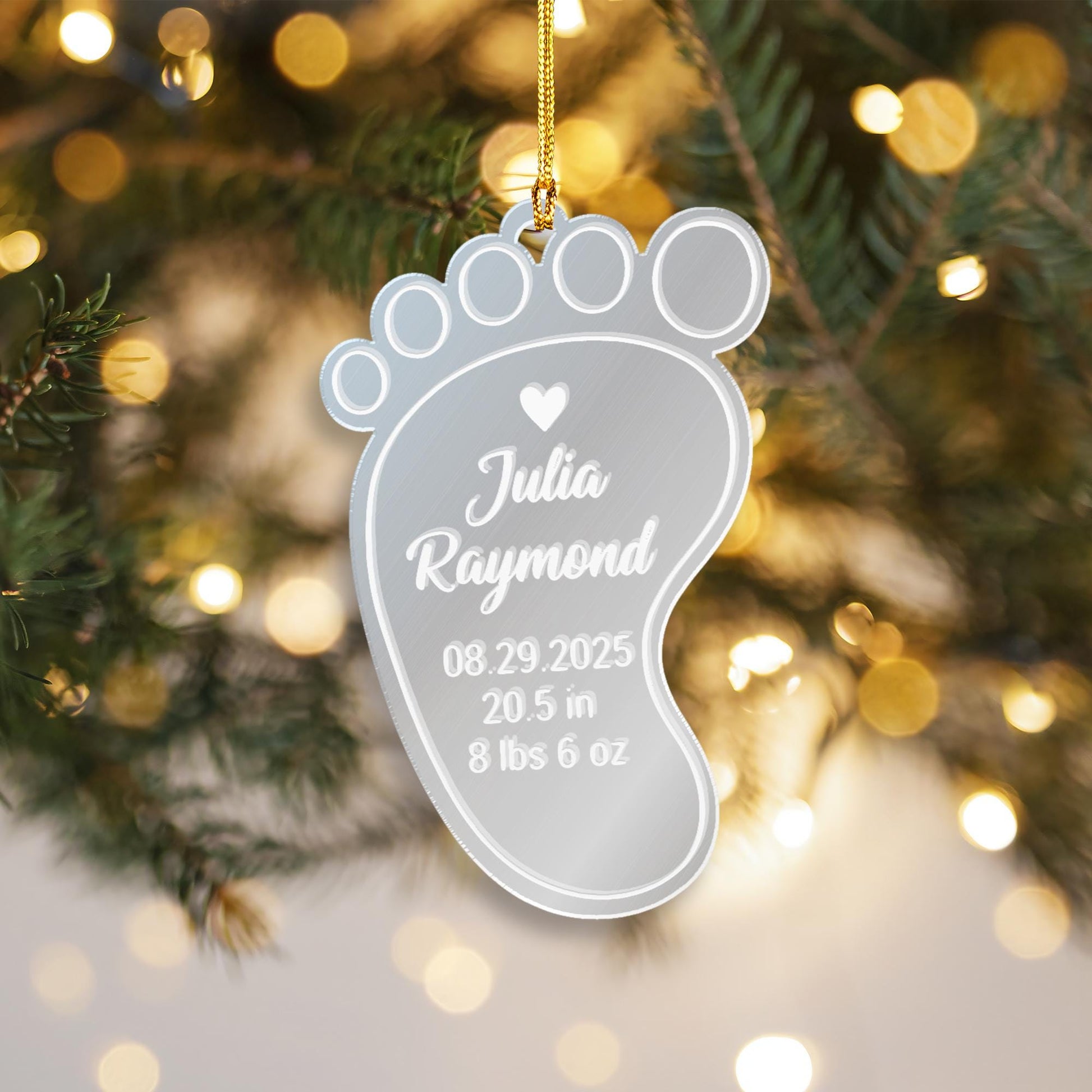Personalized Baby Footprint Acrylic Mirror Ornament - Birth Stats Keepsake