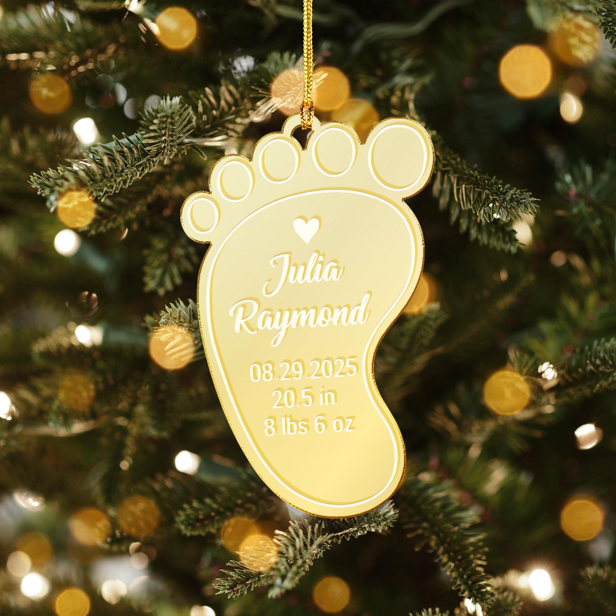 Personalized Baby Footprint Acrylic Mirror Ornament - Birth Stats Keepsake