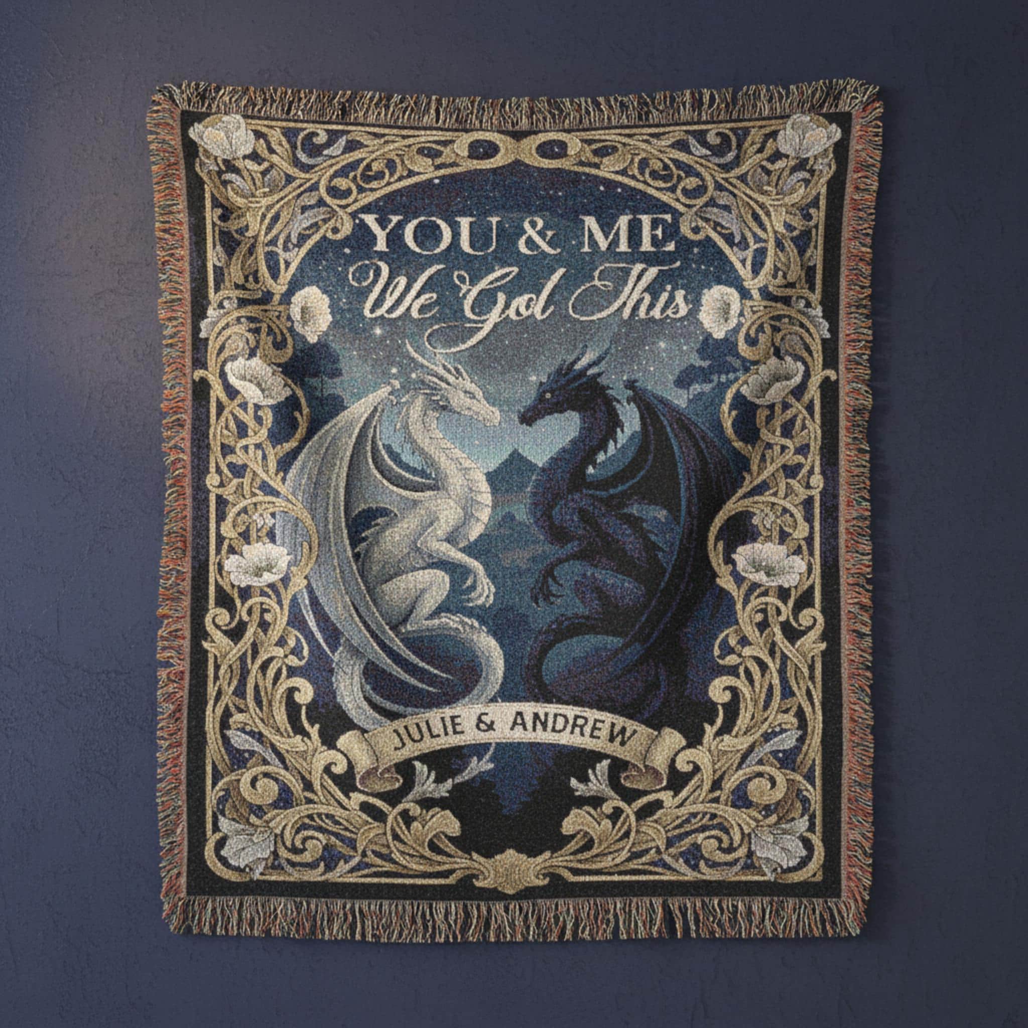 Custom Dragon Couple Woven Blanket: Night Sky Tapestry, Personalized Names Anniversary Decor