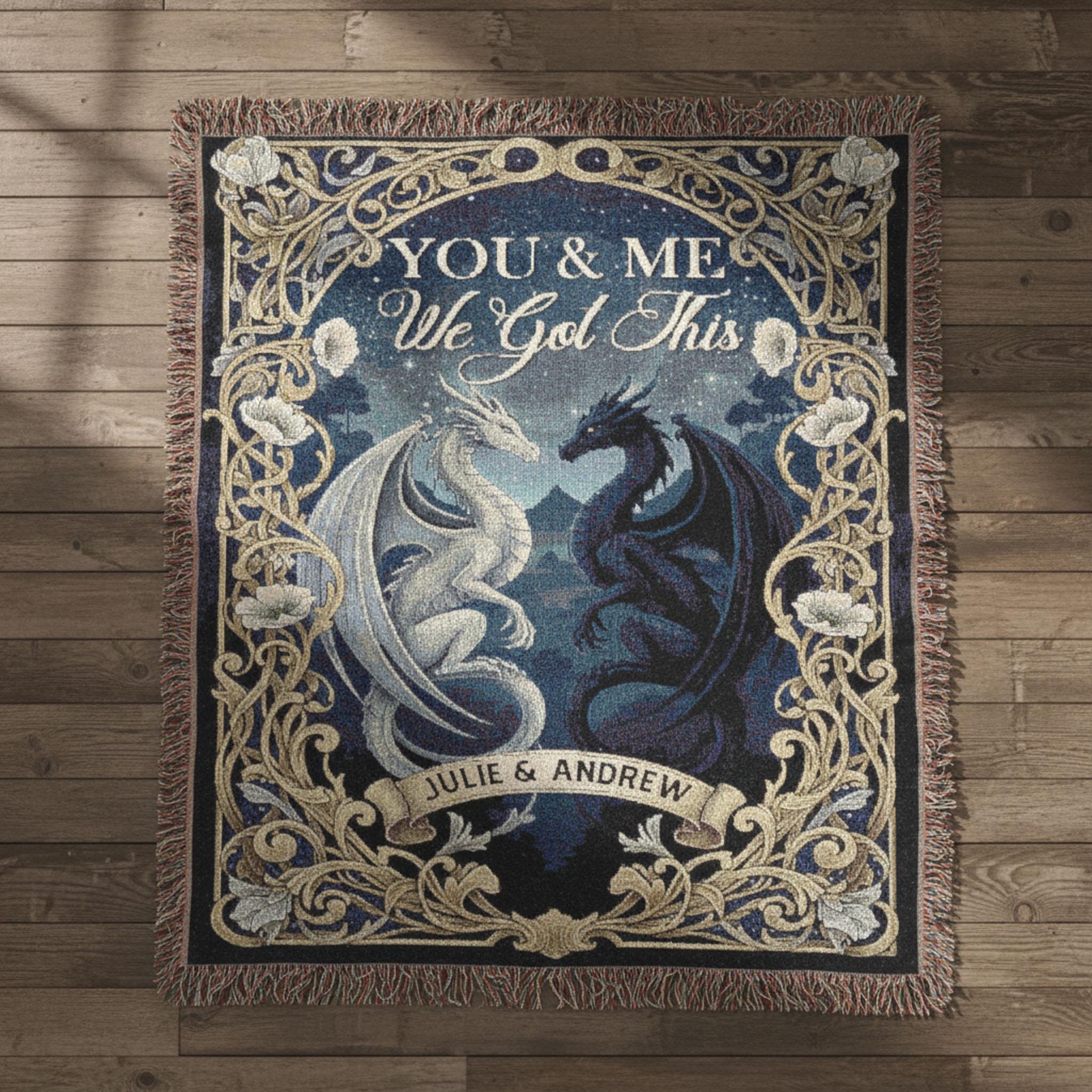 Custom Dragon Couple Woven Blanket: Night Sky Tapestry, Personalized Names Anniversary Decor
