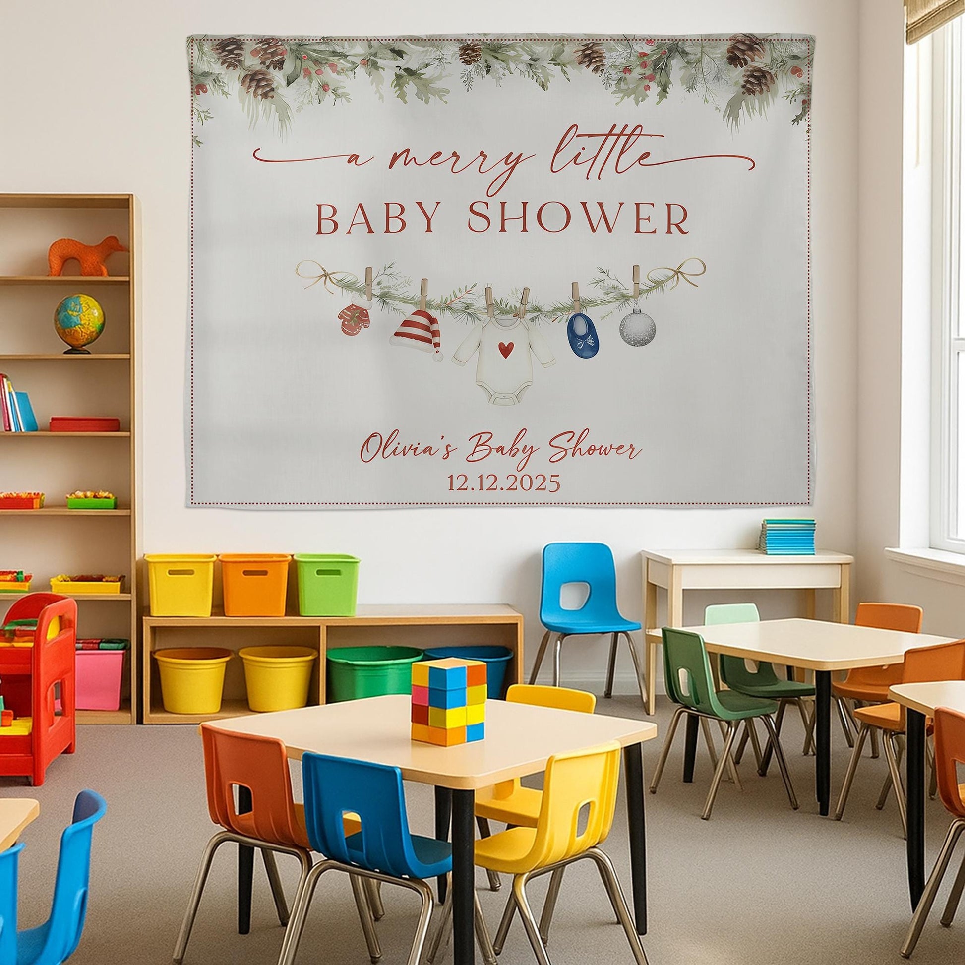 Winter Baby Shower Tapestry | Pine Decor Holiday Baby Banner