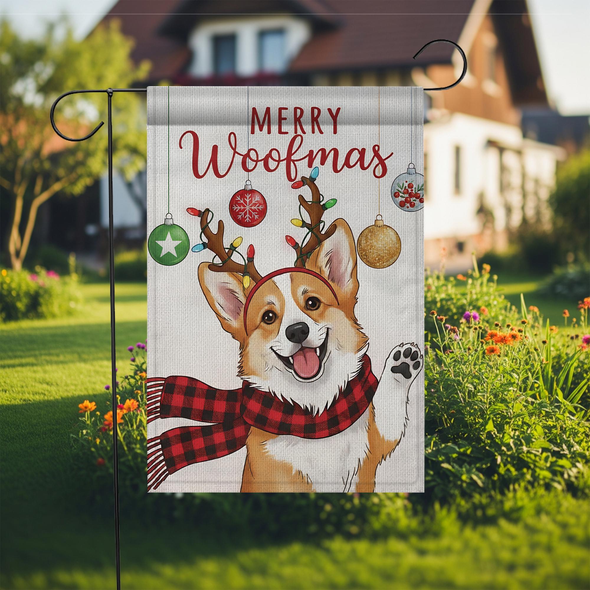 Corgi Christmas Garden Flag – Merry Woofmas Outdoor Yard Banner, Holiday Dog Decoration
