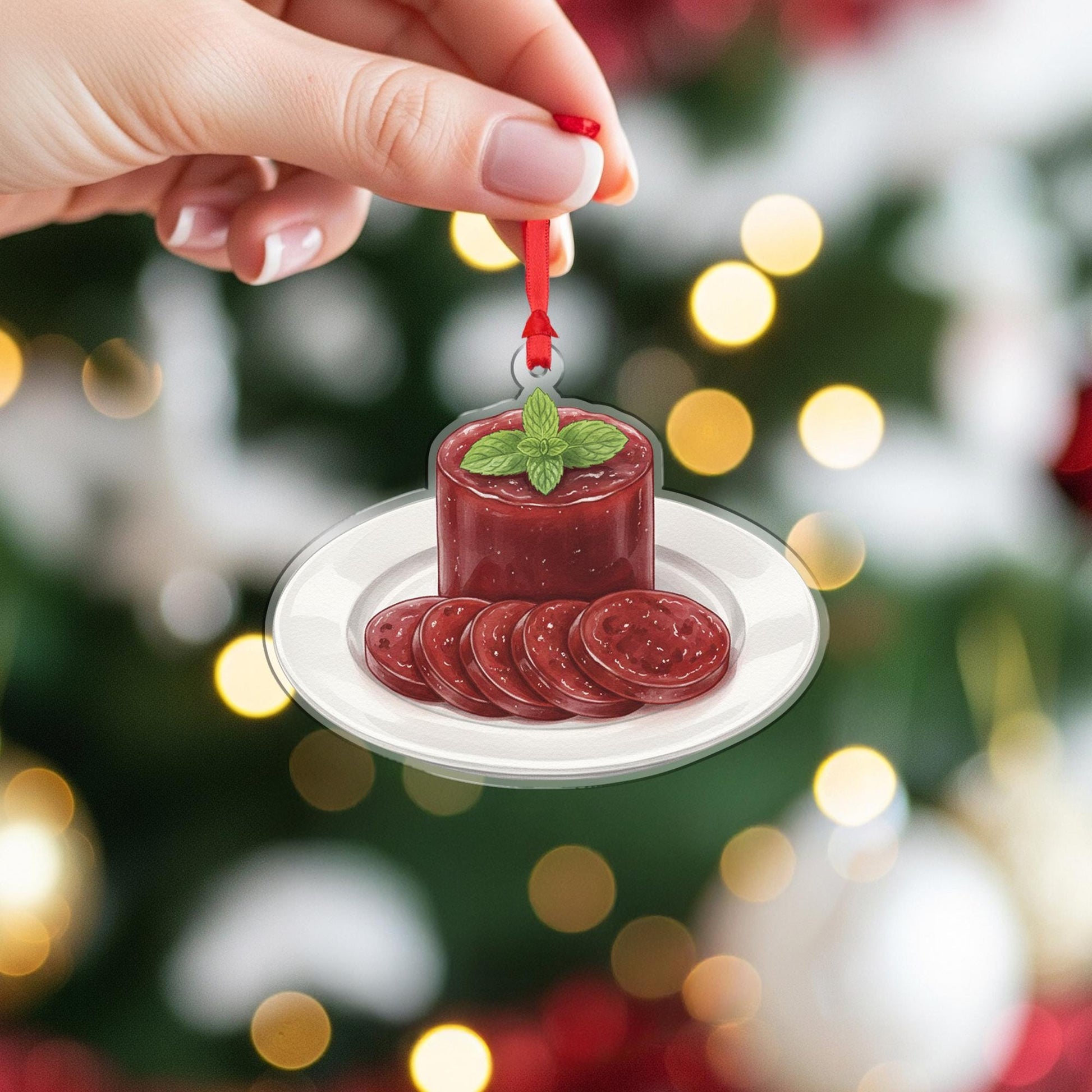 Cranberry Sauce Christmas Ornament – Acrylic Hanging Decoration with Holiday Plate Design