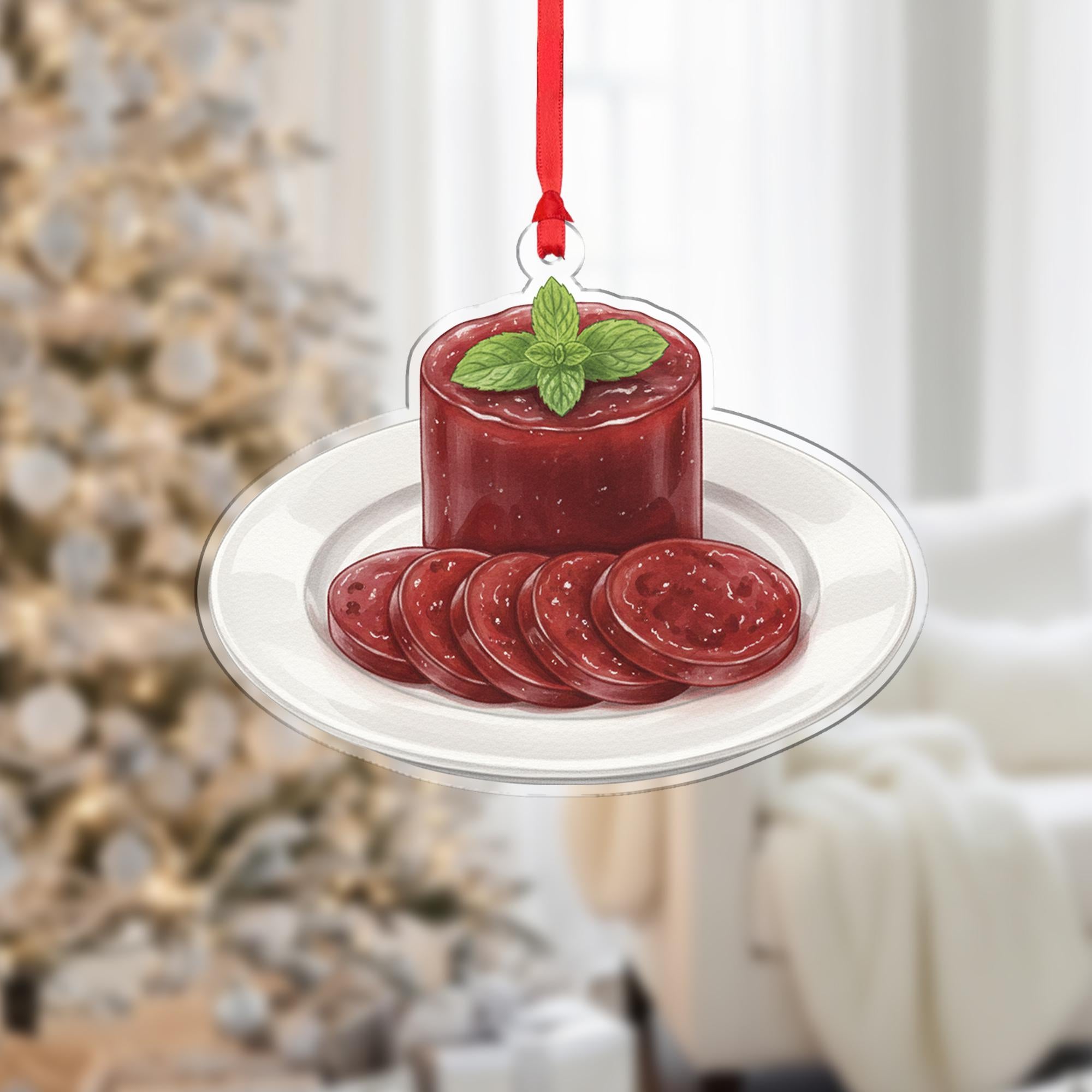 Cranberry Sauce Christmas Ornament – Acrylic Hanging Decoration with Holiday Plate Design