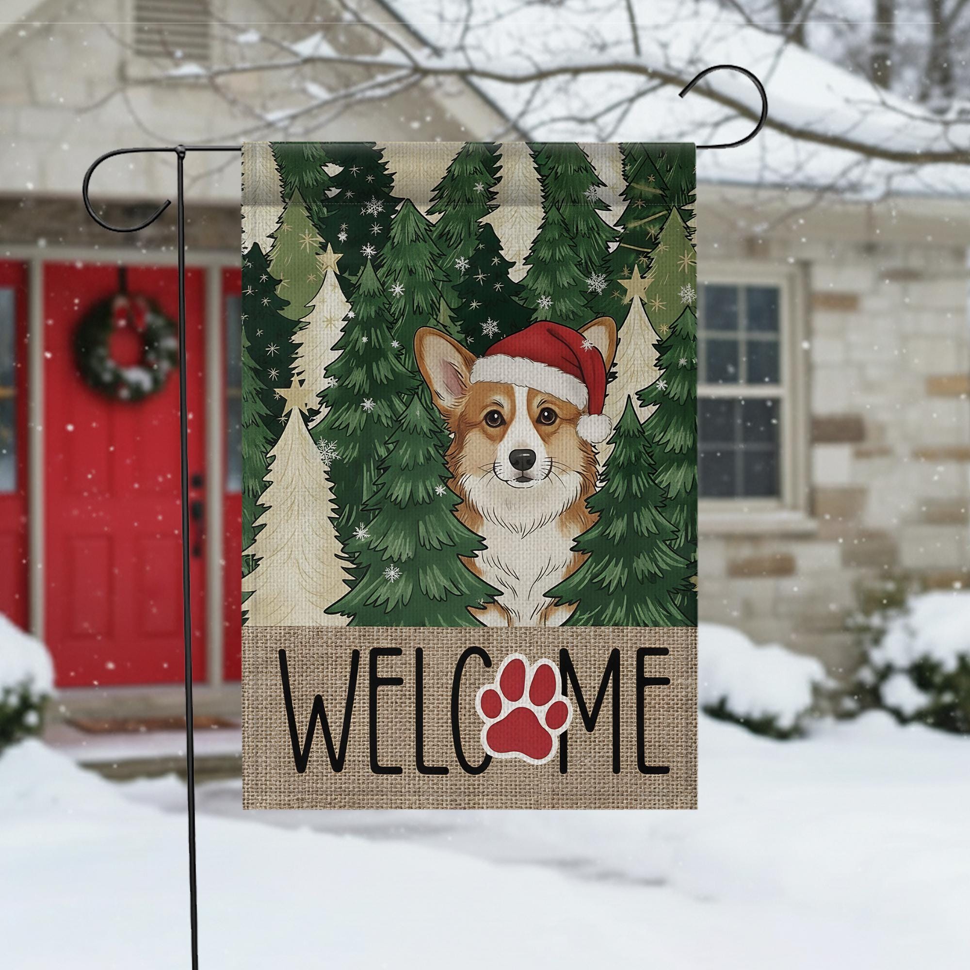 Corgi Christmas Garden Flag – Winter Outdoor Welcome Sign with Santa Hat and Paw Print