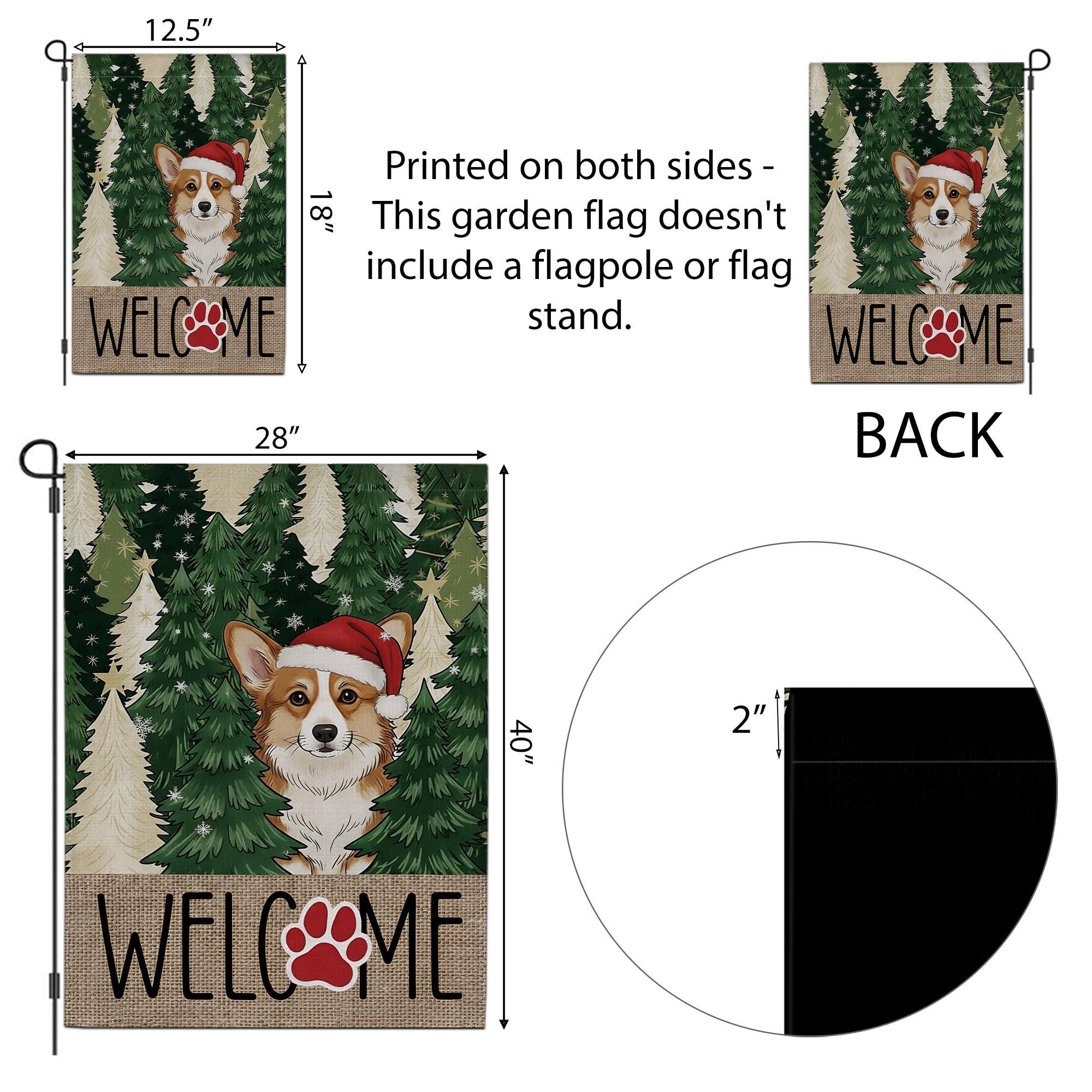 Corgi Christmas Garden Flag – Winter Outdoor Welcome Sign with Santa Hat and Paw Print