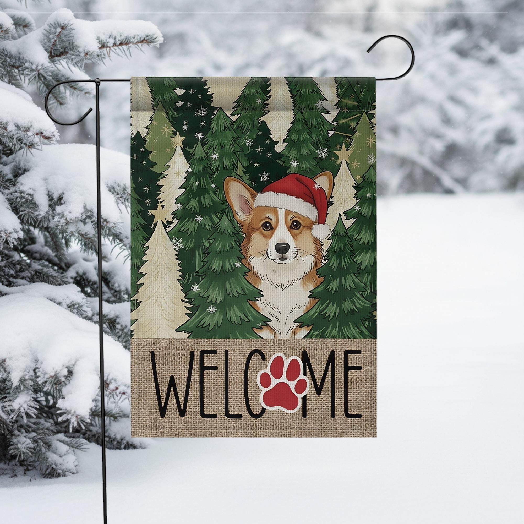 Corgi Christmas Garden Flag – Winter Outdoor Welcome Sign with Santa Hat and Paw Print