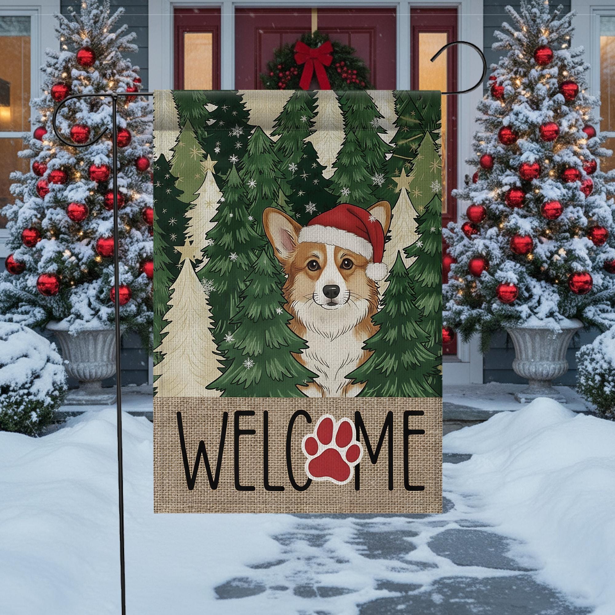 Corgi Christmas Garden Flag – Winter Outdoor Welcome Sign with Santa Hat and Paw Print