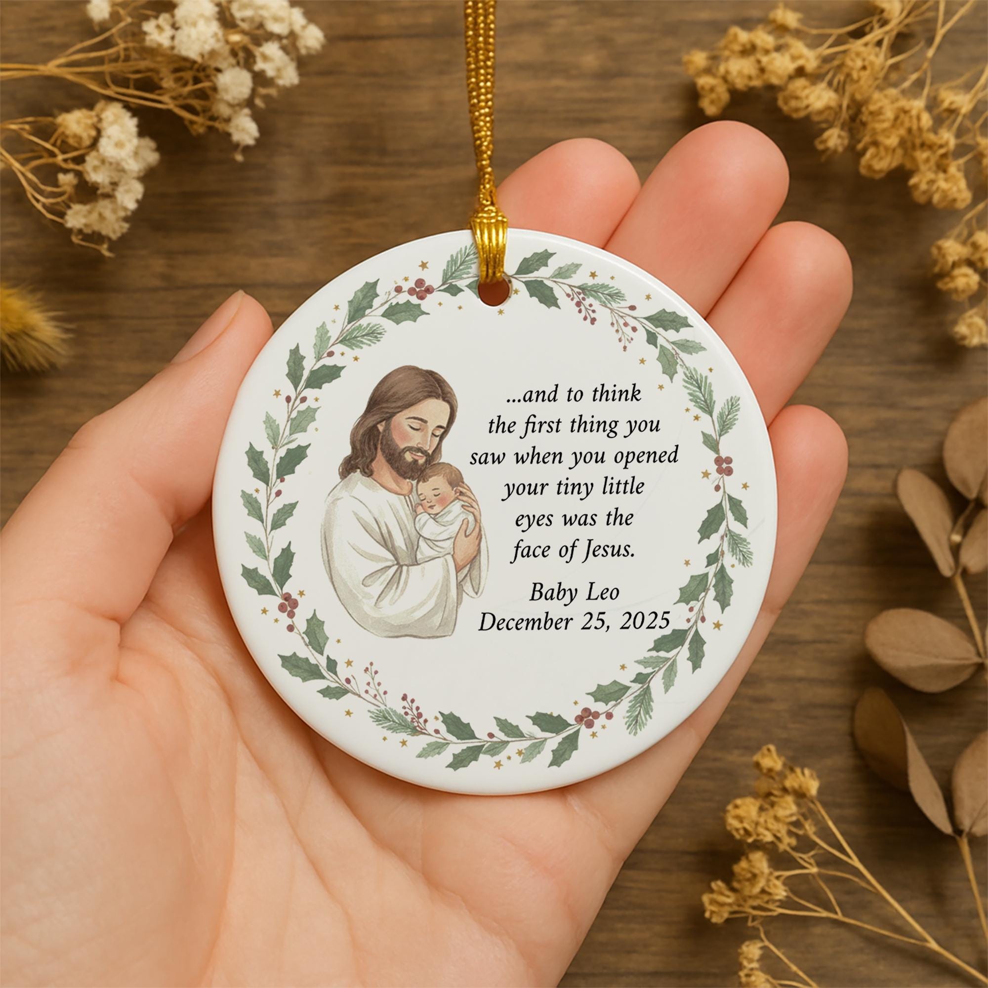 Personalized Memorial Ornament: Ceramic Round Christmas Keepsake with Baby and Jesus Artwork