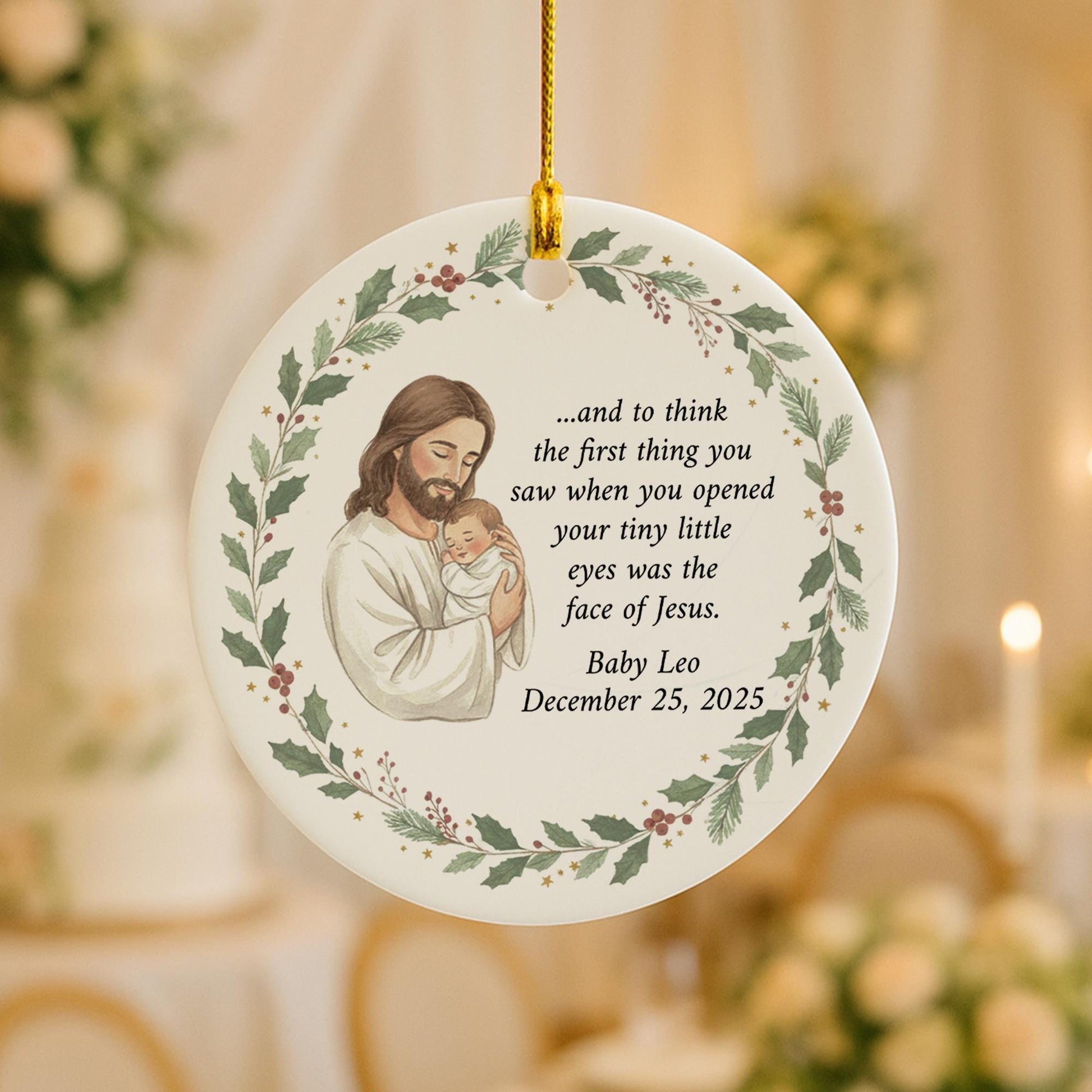 Personalized Memorial Ornament: Ceramic Round Christmas Keepsake with Baby and Jesus Artwork