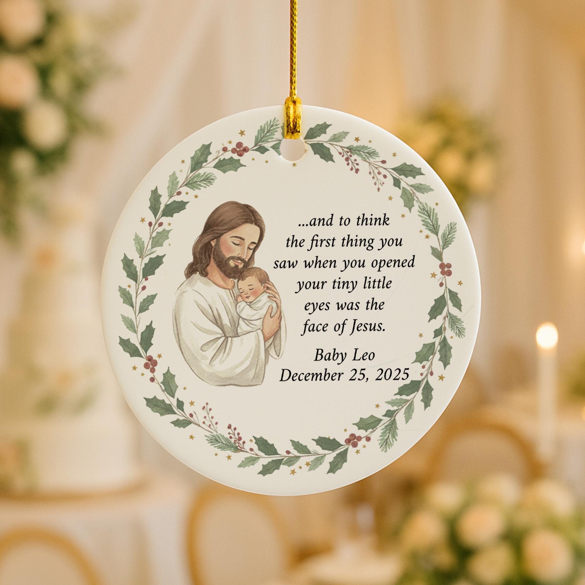 Personalized Memorial Ornament: Ceramic Round Christmas Keepsake with Baby and Jesus Artwork