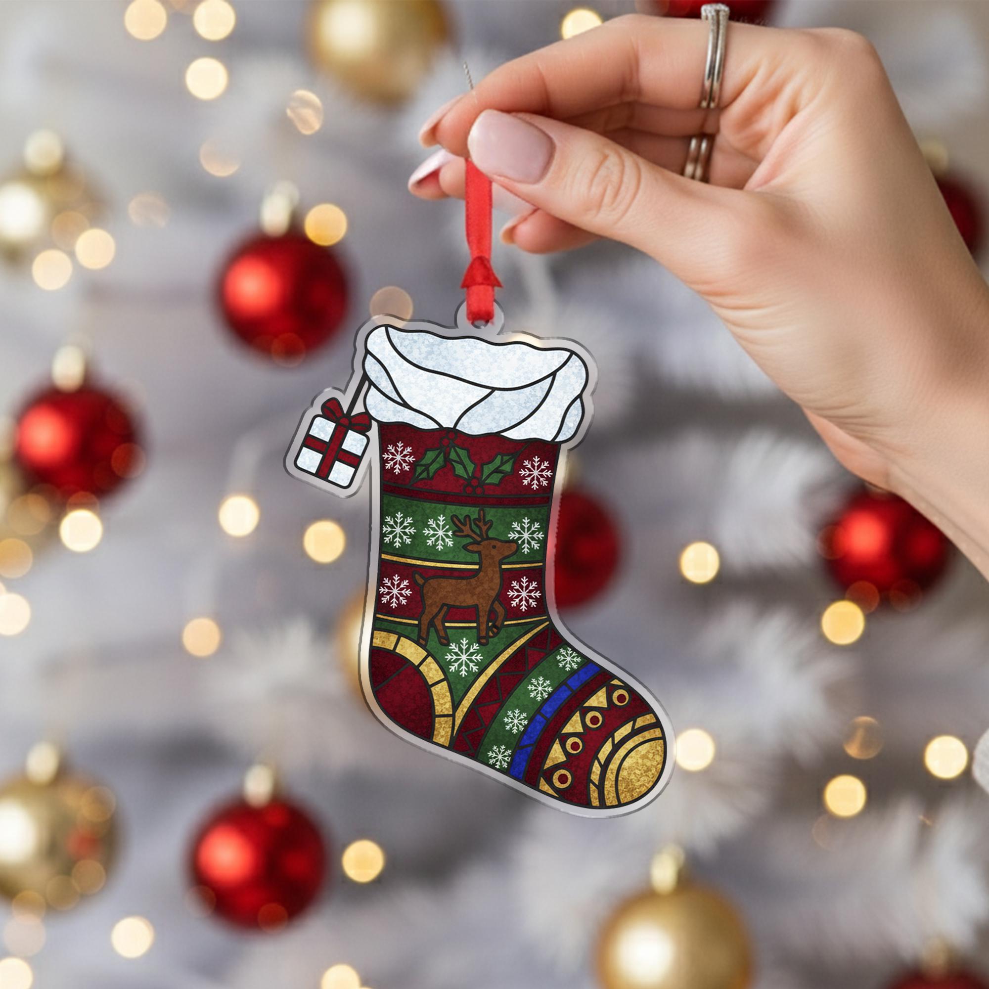 Christmas Stocking Ornament – Acrylic Hanging Decoration with Reindeer and Snowflake Design