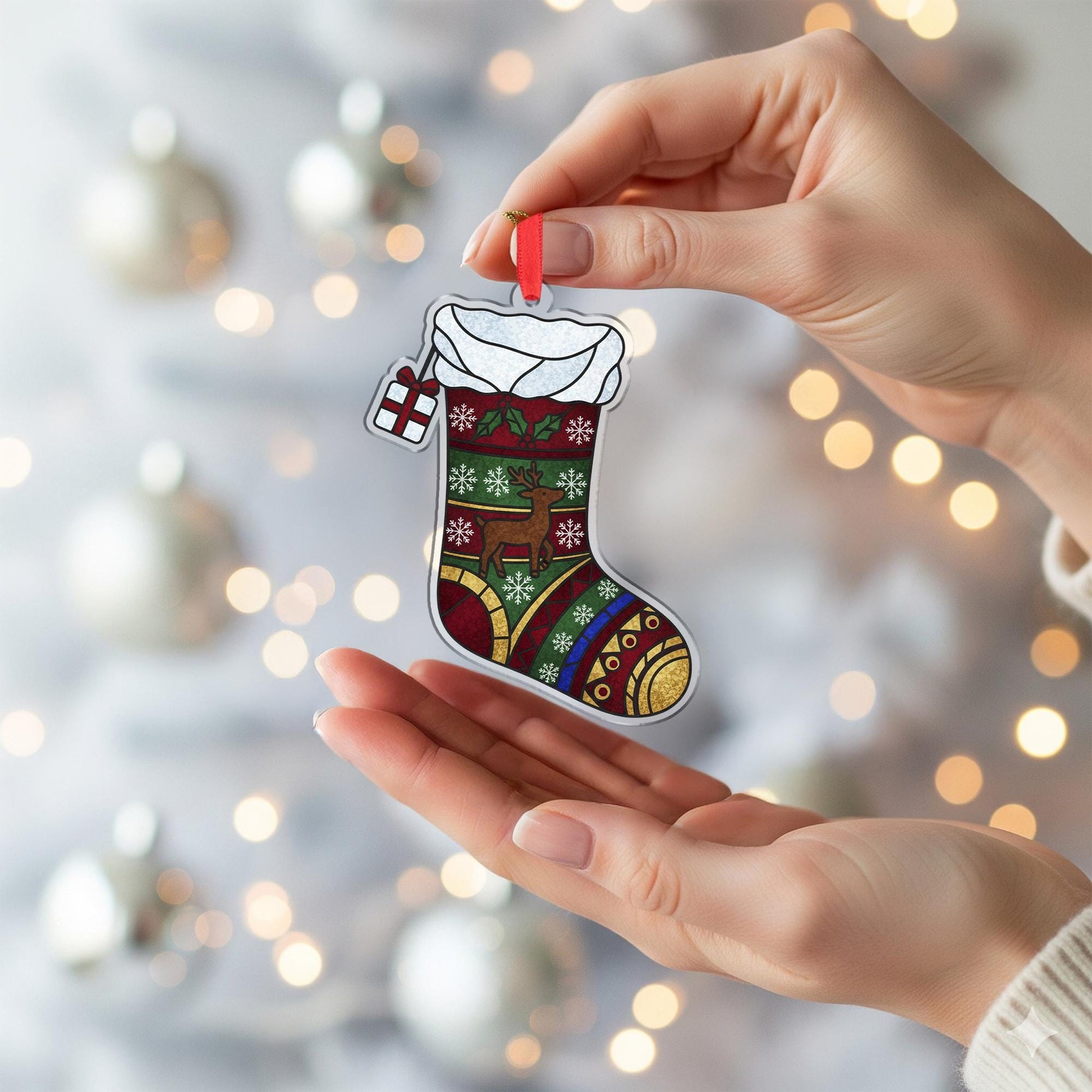 Christmas Stocking Ornament – Acrylic Hanging Decoration with Reindeer and Snowflake Design