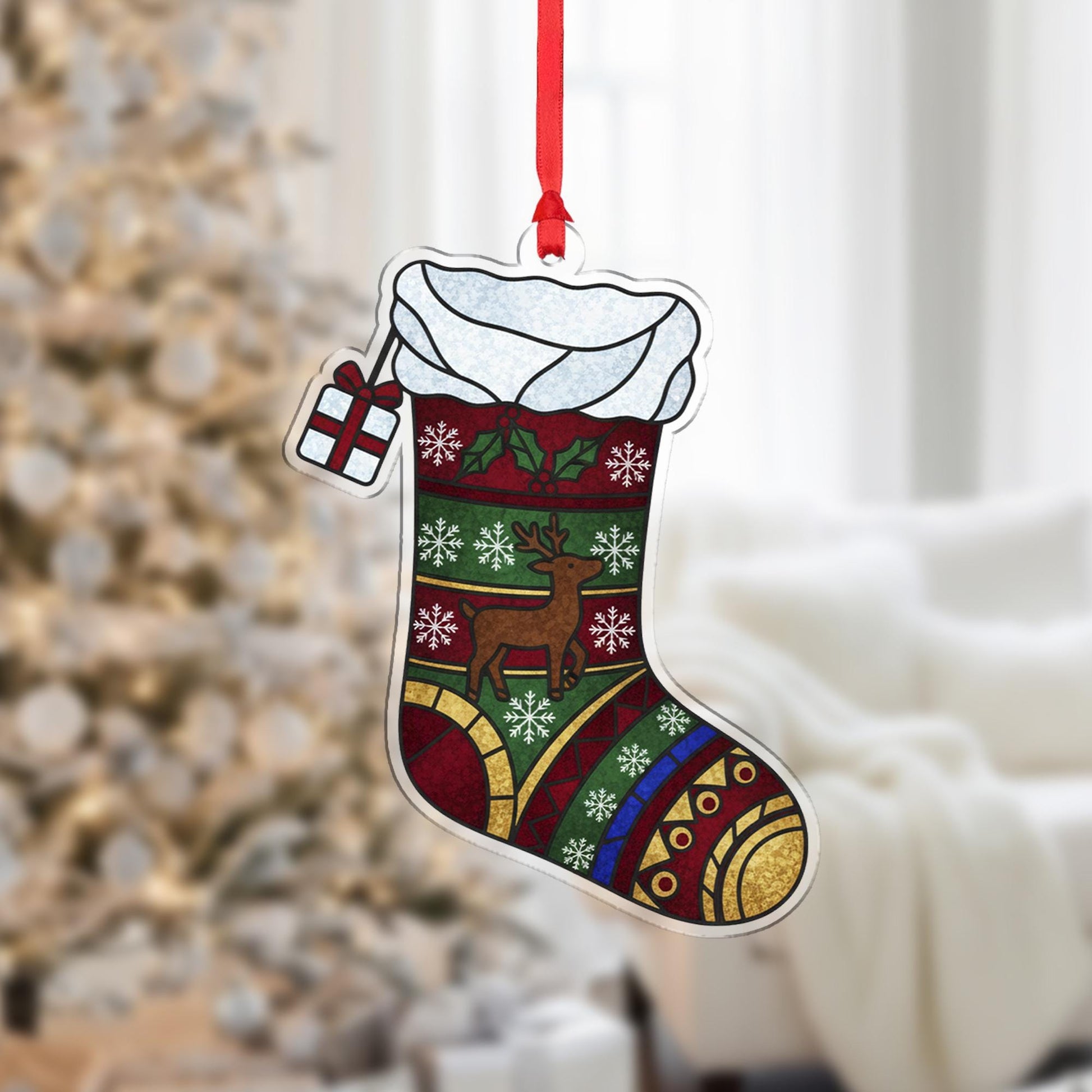 Christmas Stocking Ornament – Acrylic Hanging Decoration with Reindeer and Snowflake Design