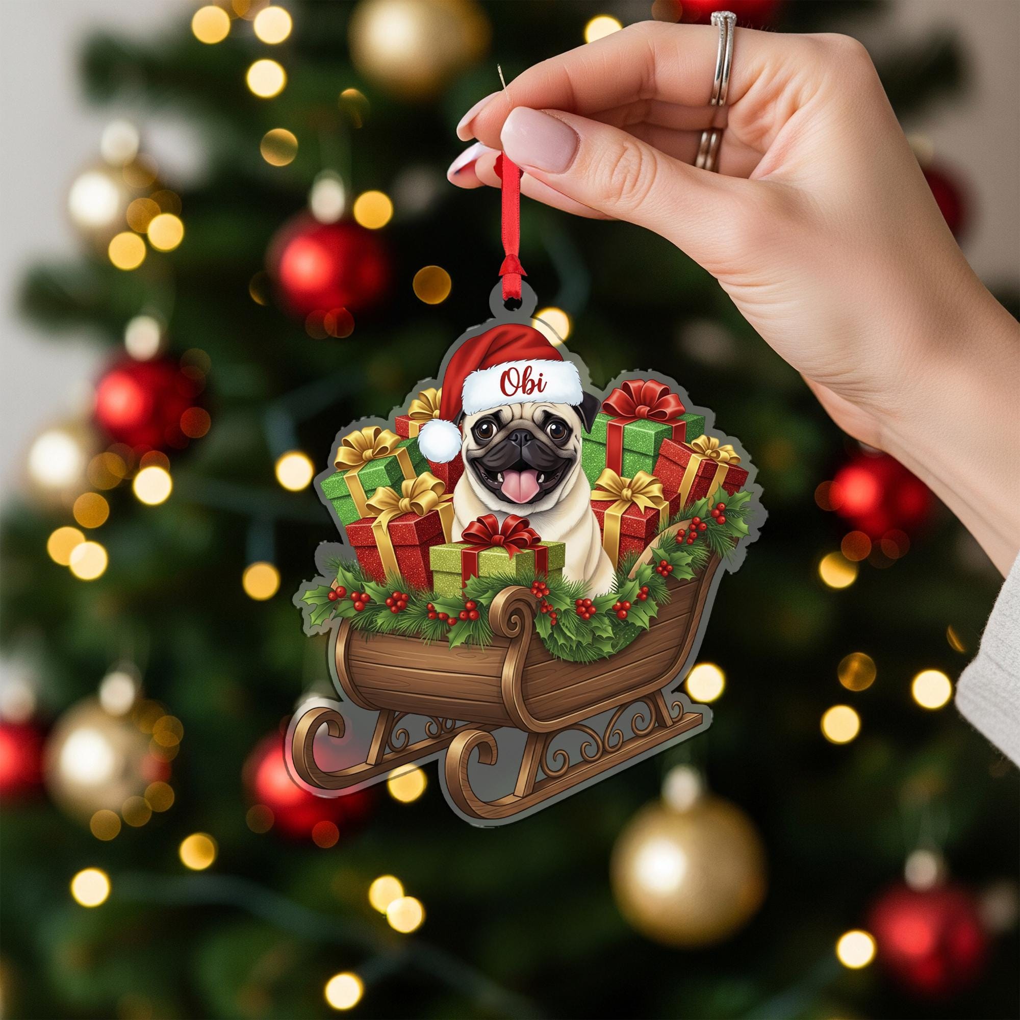 Personalized Pug Christmas Ornament – Custom Name Dog Sleigh Decoration, Holiday Tree Keepsake