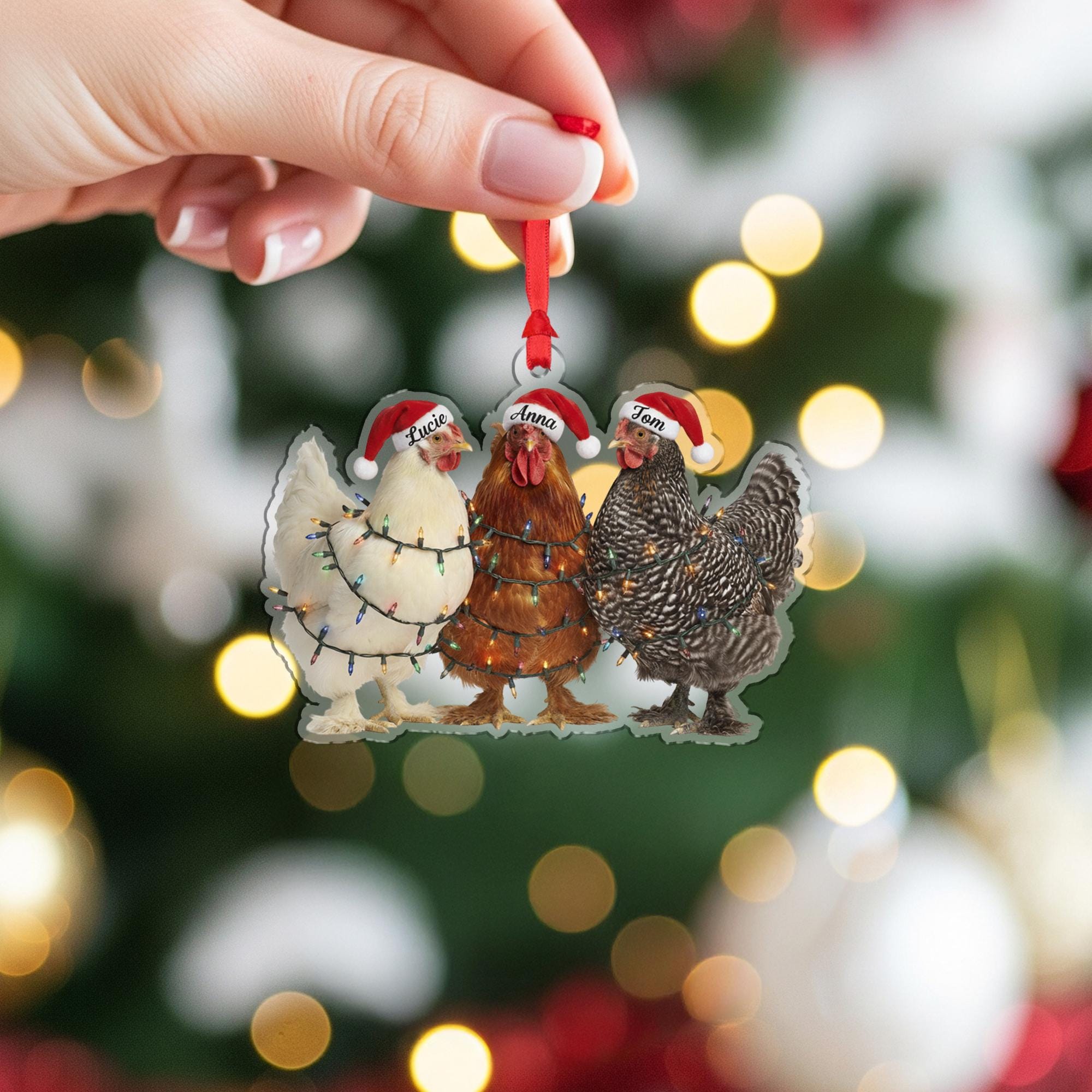 Christmas Ornament: Chickens with Santa Hats and Lights