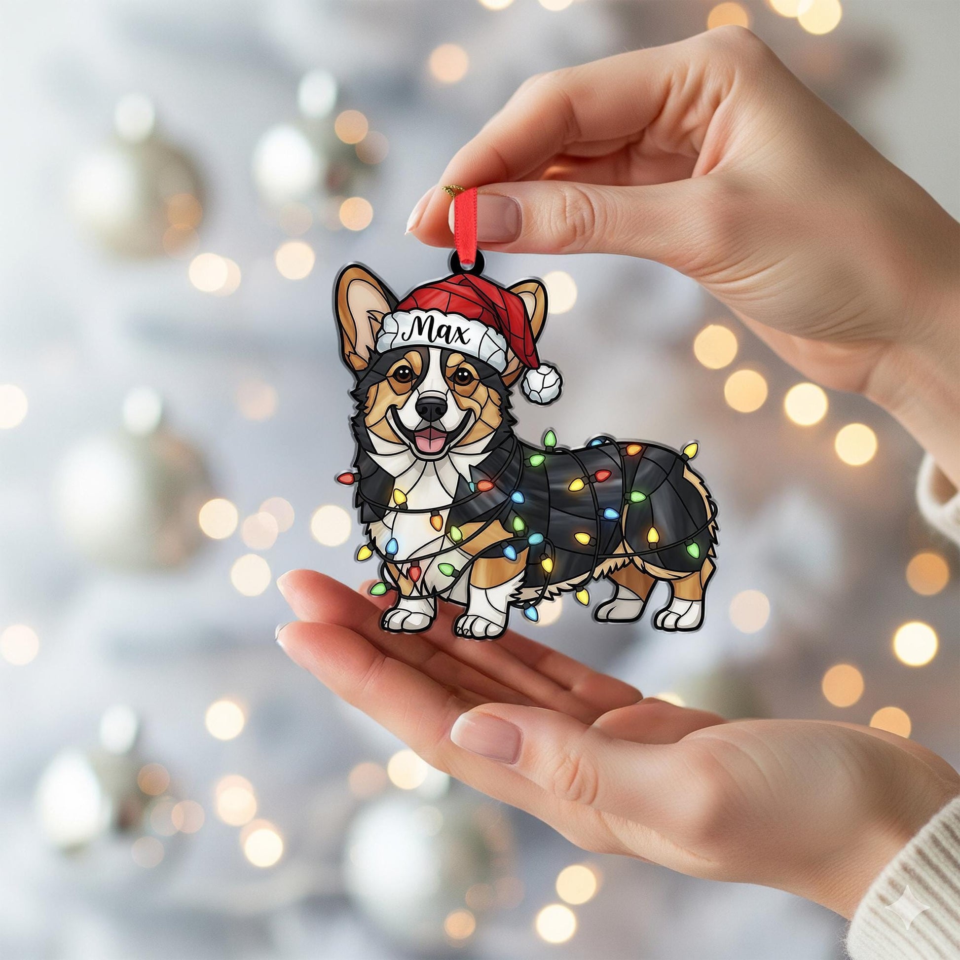 Personalized Corgi Ornament – Custom Dog Name, Santa Hat with Christmas Lights Decoration