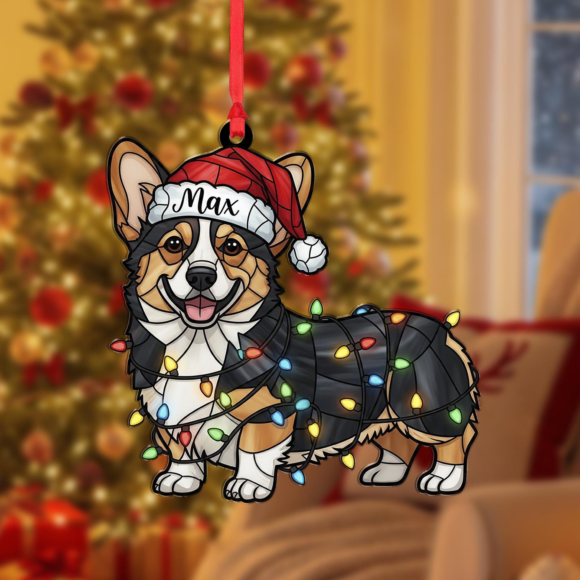 Personalized Corgi Ornament – Custom Dog Name, Santa Hat with Christmas Lights Decoration