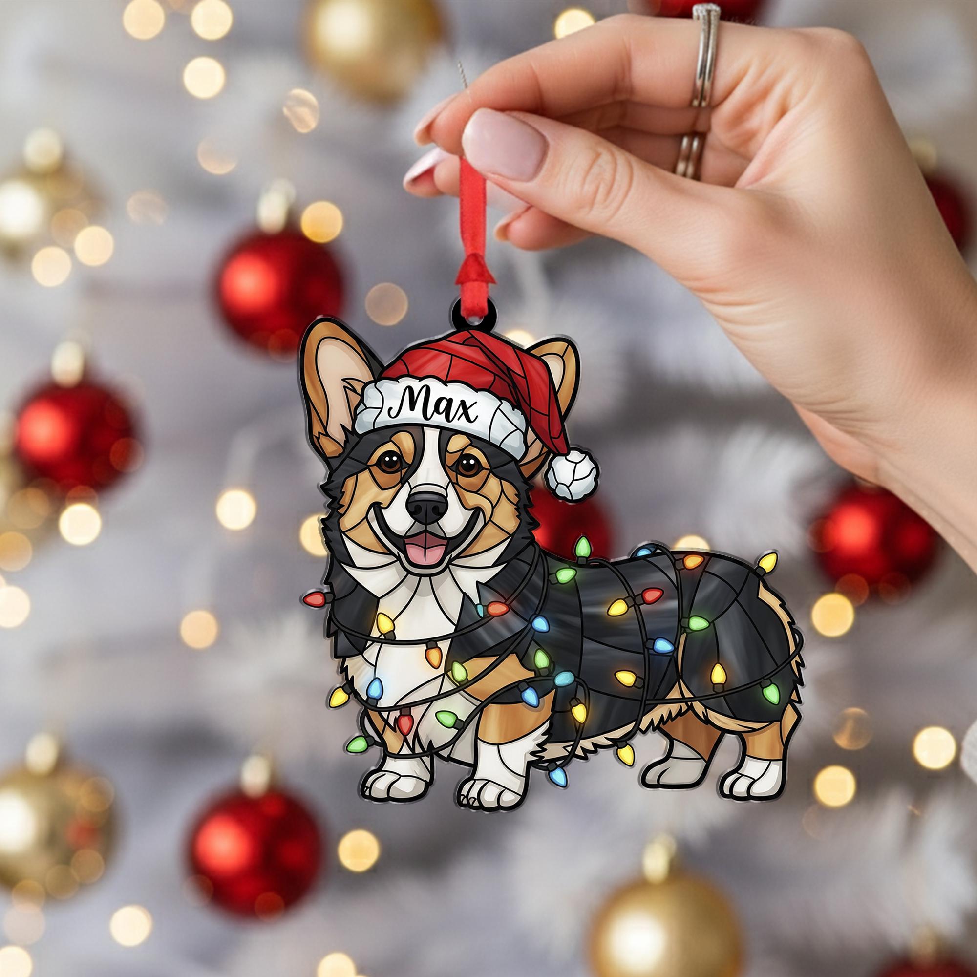 Personalized Corgi Ornament – Custom Dog Name, Santa Hat with Christmas Lights Decoration