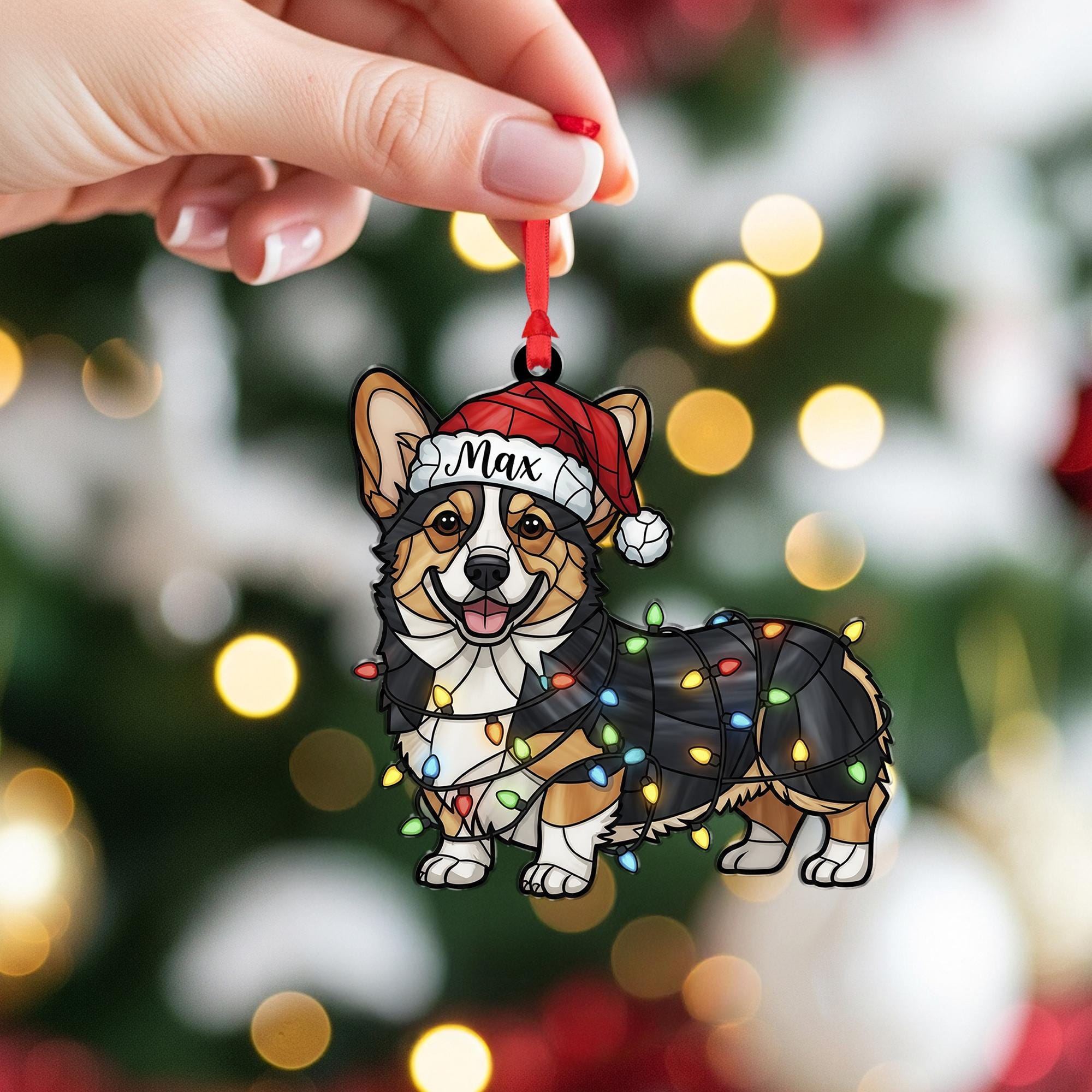 Personalized Corgi Ornament – Custom Dog Name, Santa Hat with Christmas Lights Decoration