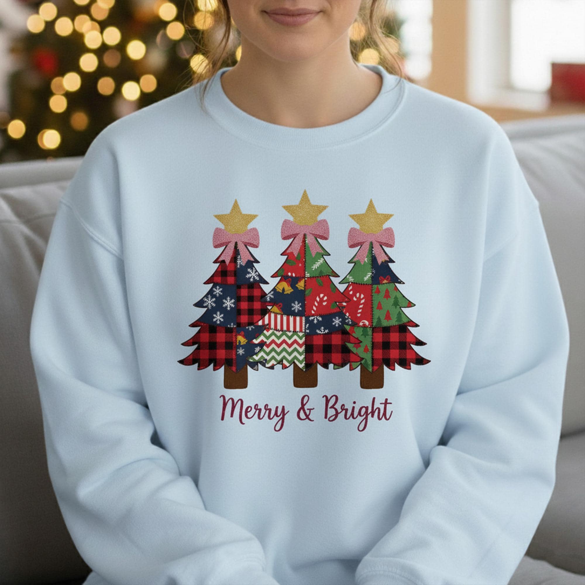 Christmas Tree Patchwork Sweatshirt, “Merry & Bright” Graphic, Unisex Crewneck, Printed Fleece Pullover