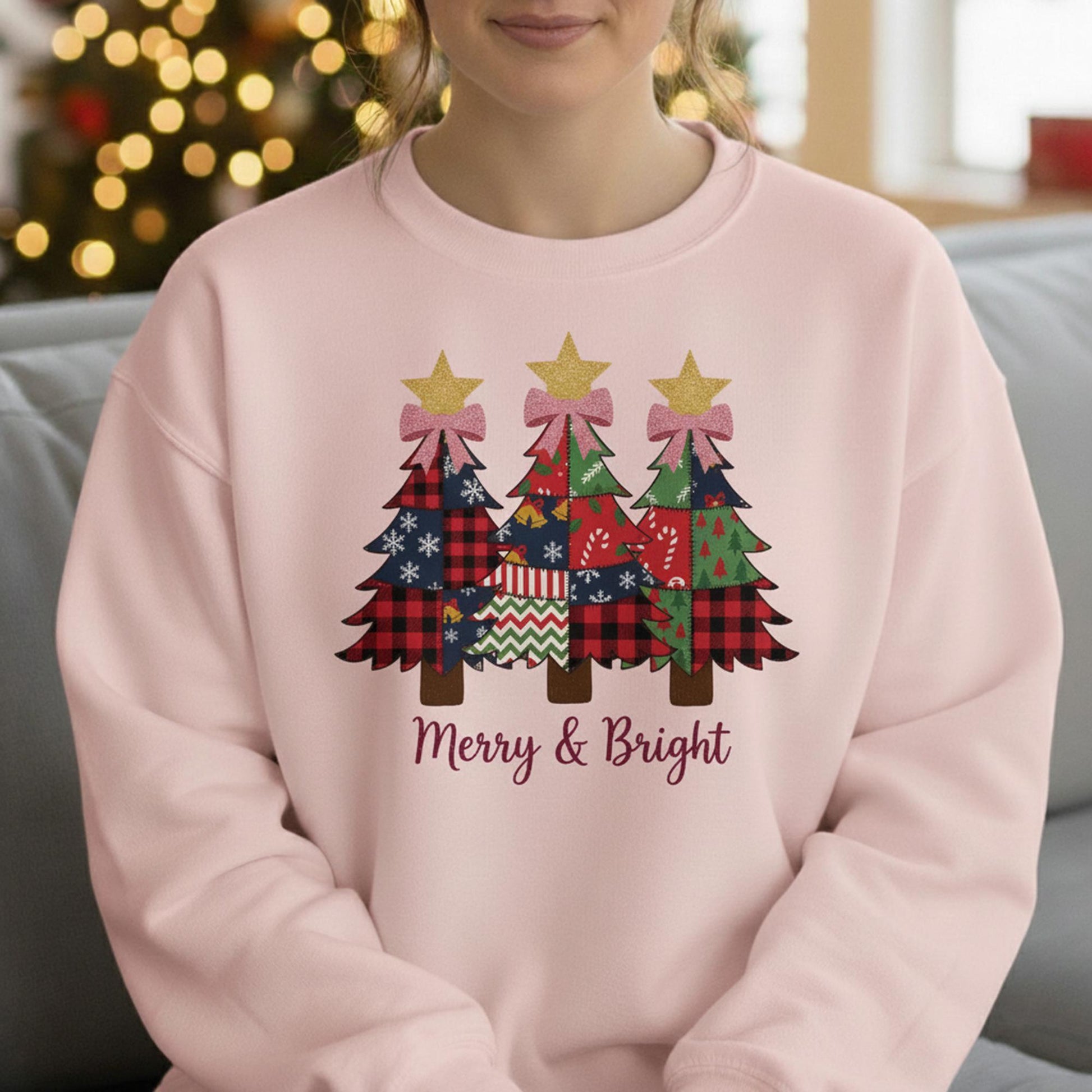 Christmas Tree Patchwork Sweatshirt, “Merry & Bright” Graphic, Unisex Crewneck, Printed Fleece Pullover
