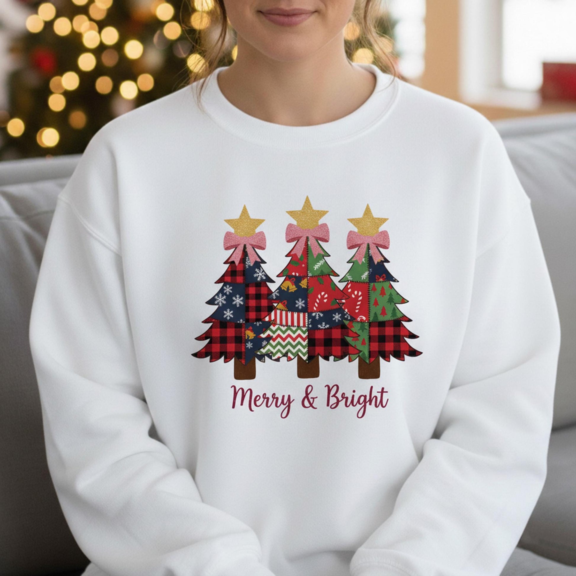 Christmas Tree Patchwork Sweatshirt, “Merry & Bright” Graphic, Unisex Crewneck, Printed Fleece Pullover