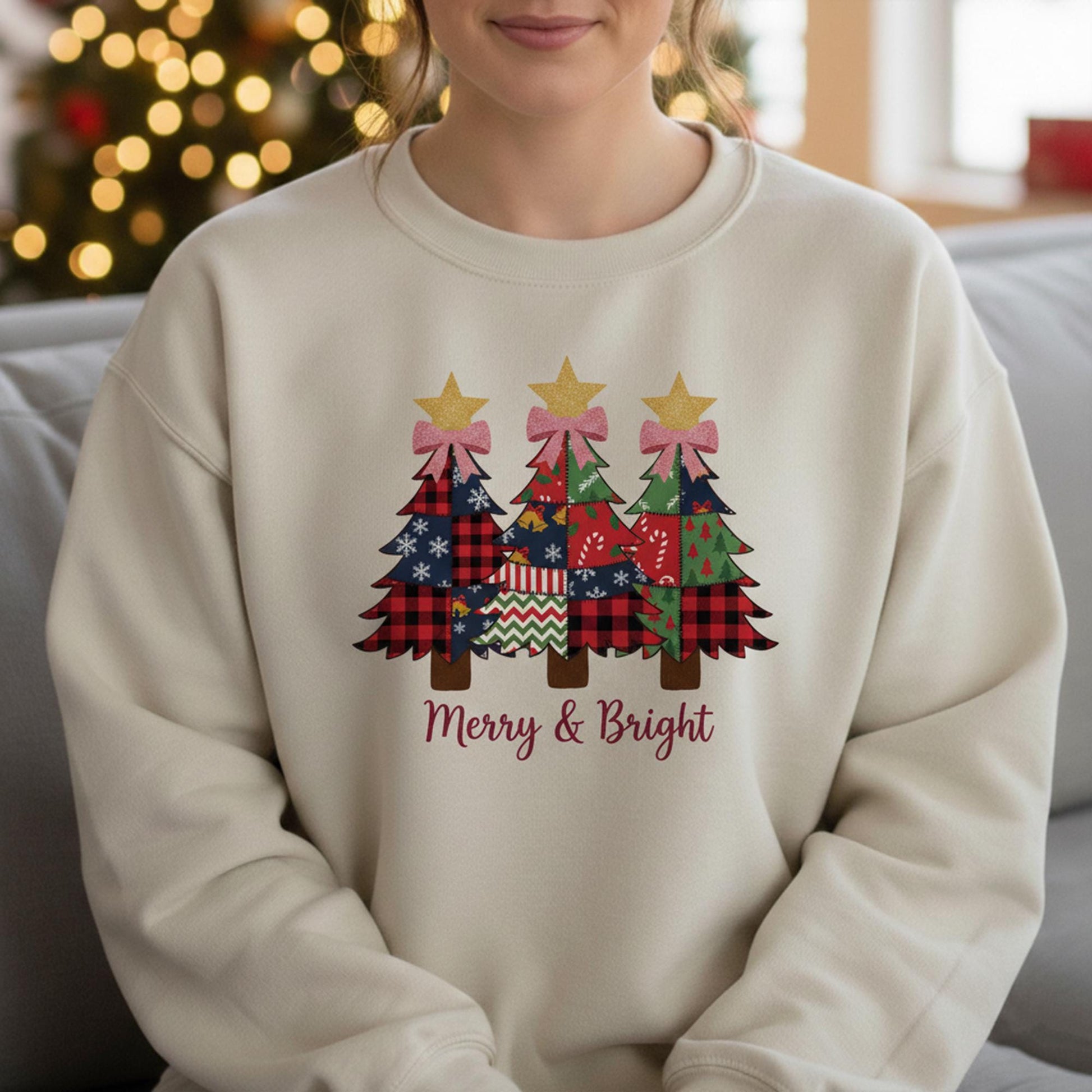 Christmas Tree Patchwork Sweatshirt, “Merry & Bright” Graphic, Unisex Crewneck, Printed Fleece Pullover