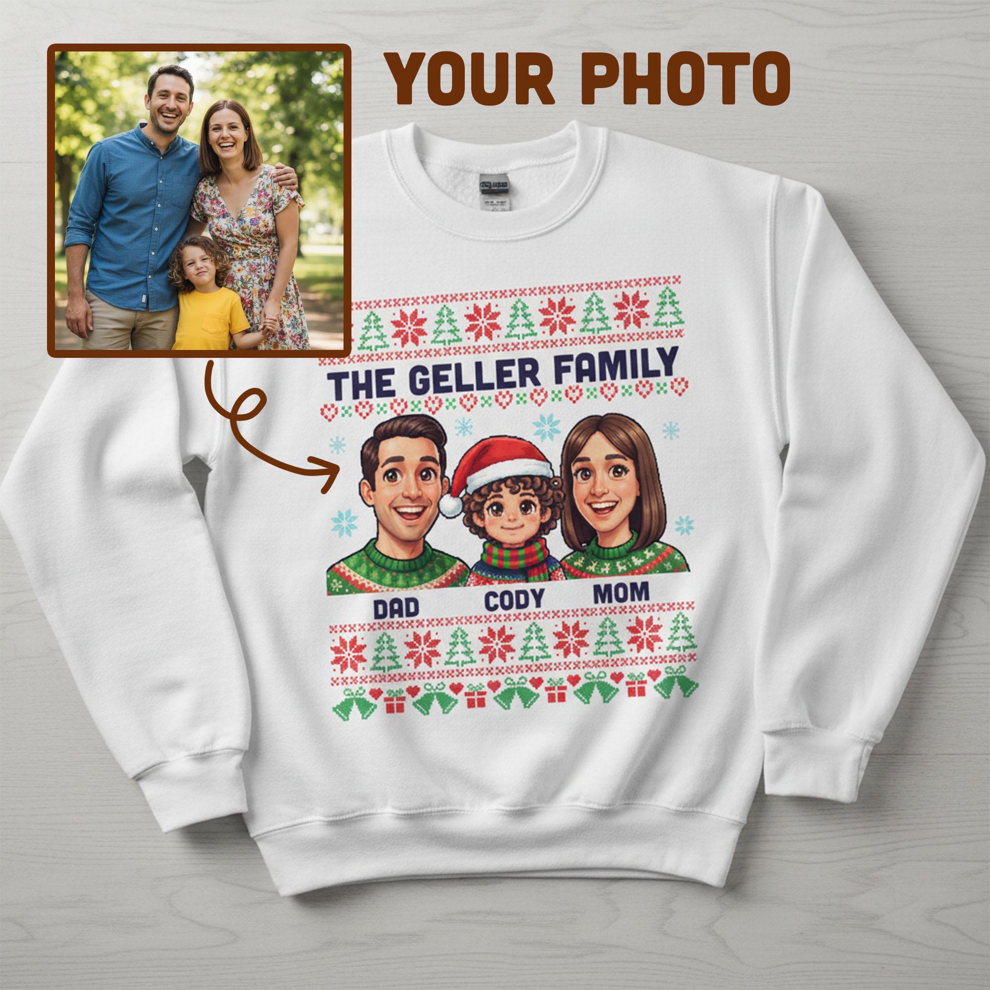 Custom Family Sweatshirt: Ugly Sweater Pattern Pullover, Personalized Cartoon Portrait, Holiday Matching Apparel
