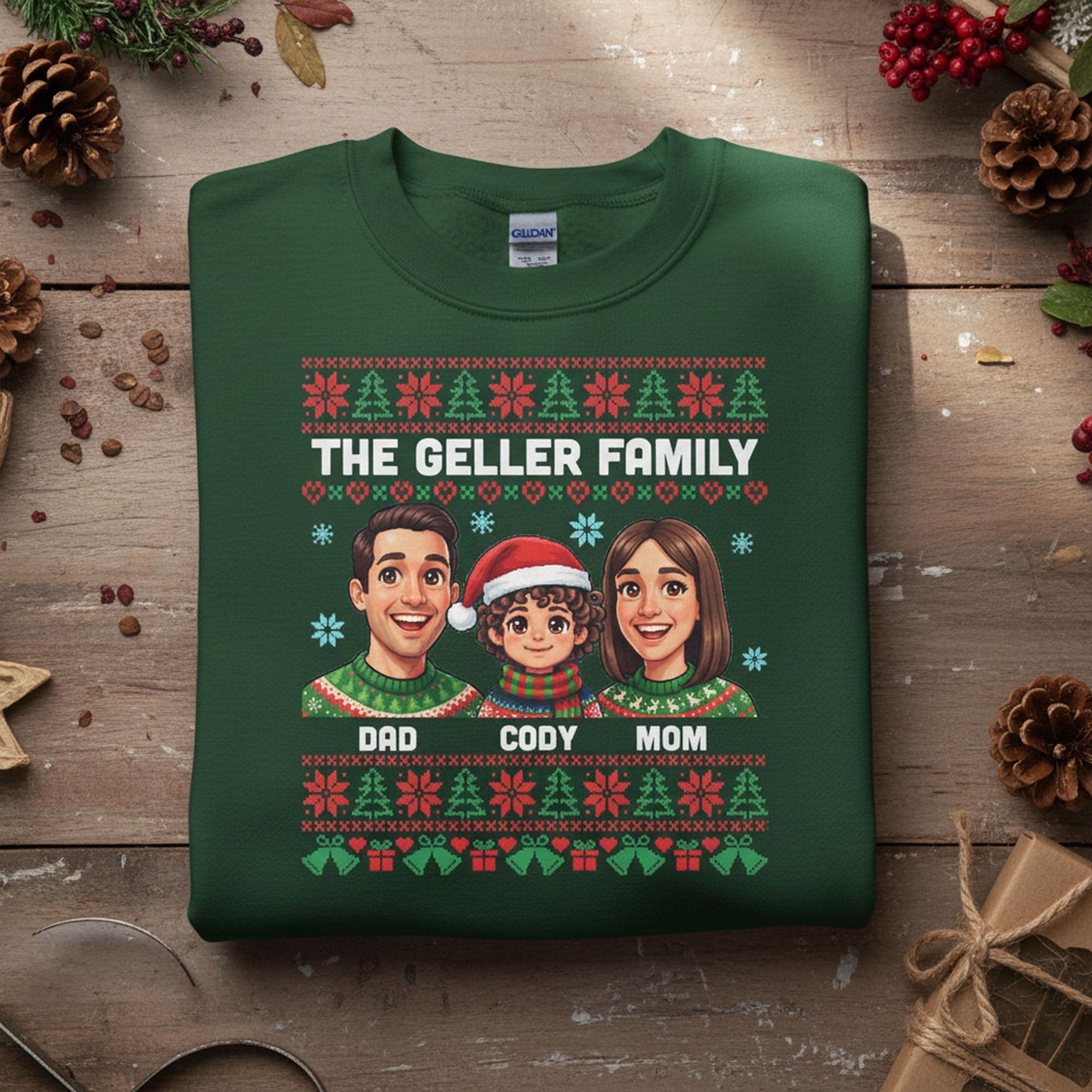Custom Family Sweatshirt: Ugly Sweater Pattern Pullover, Personalized Cartoon Portrait, Holiday Matching Apparel